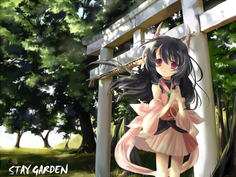 bear (artist), naga (staygarden), ryuujin naga, bad id, bad pixiv id, 1girl, black hair, female focus, forest, horns, nature, outdoors, purple eyes, solo, torii, wind