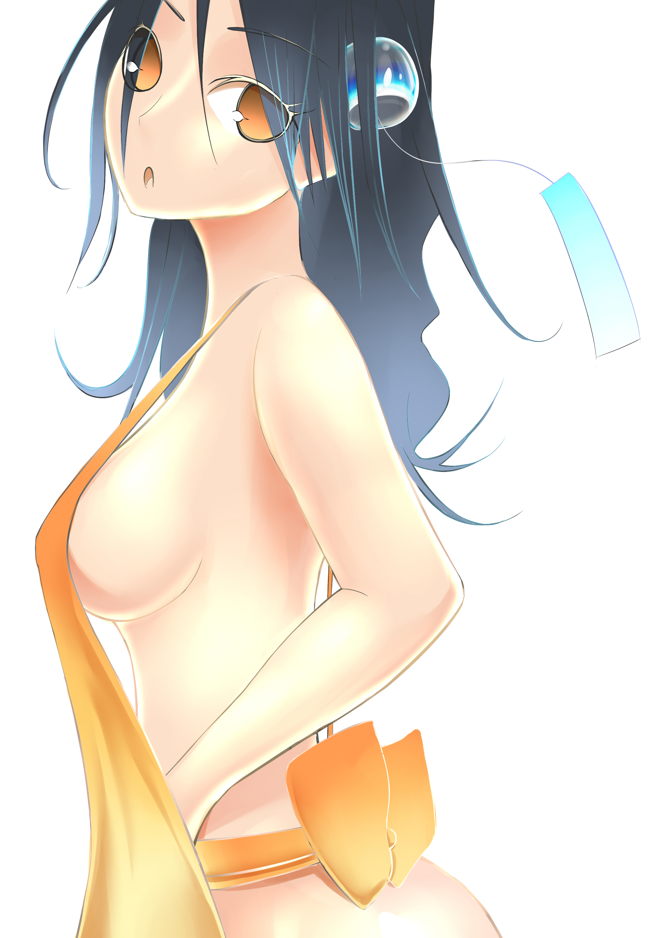 ogata sai, saifa (pixiv), original, absurdres, bad id, bad pixiv id, highres, 1girl, apron, black hair, breasts, female focus, hair ornament, long hair, naked apron, orange eyes, sideboob, solo, wind chime