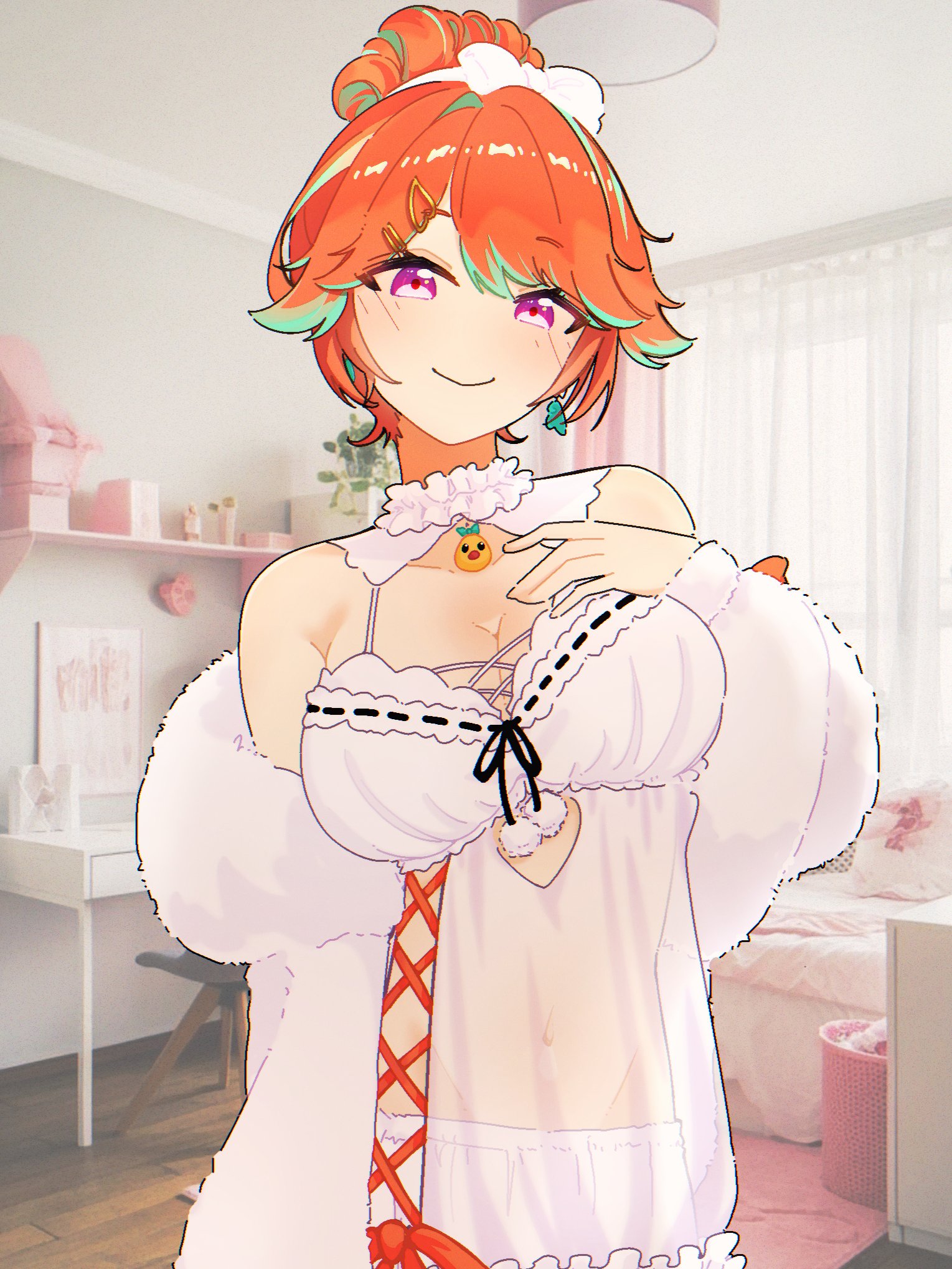 hyurisaki, takanashi kiara, takanashi kiara (cozy), hololive, hololive english, green highlights, hashtag-only commentary, highres, babydoll, bare shoulders, breasts, cleavage, collarbone, earrings, fluffy clothes, frilled babydoll, frilled shorts, frilled thighhighs, frills, fur jacket, green hair, hair bun, hand up, jacket, jewelry, lace-trimmed nightgown, large breasts, multicolored hair, official alternate costume, official alternate hairstyle, orange hair, purple eyes, see-through babydoll, see-through clothes, shorts, sleep mask, smile, thighhighs, two-tone hair, virtual youtuber, white babydoll, white thighhighs