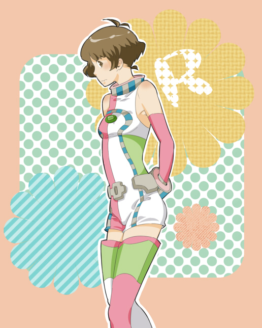 mbsh, shide (artist), akizuki ryo, idolmaster, idolmaster dearly stars, bad id, bad pixiv id, 00s, 1boy, alternate costume, antenna hair, bare shoulders, blush, brown eyes, brown hair, cosmic & funny (idolmaster), crossdressing, crossdressing (mtf), male focus, nervous, short hair, solo, trap