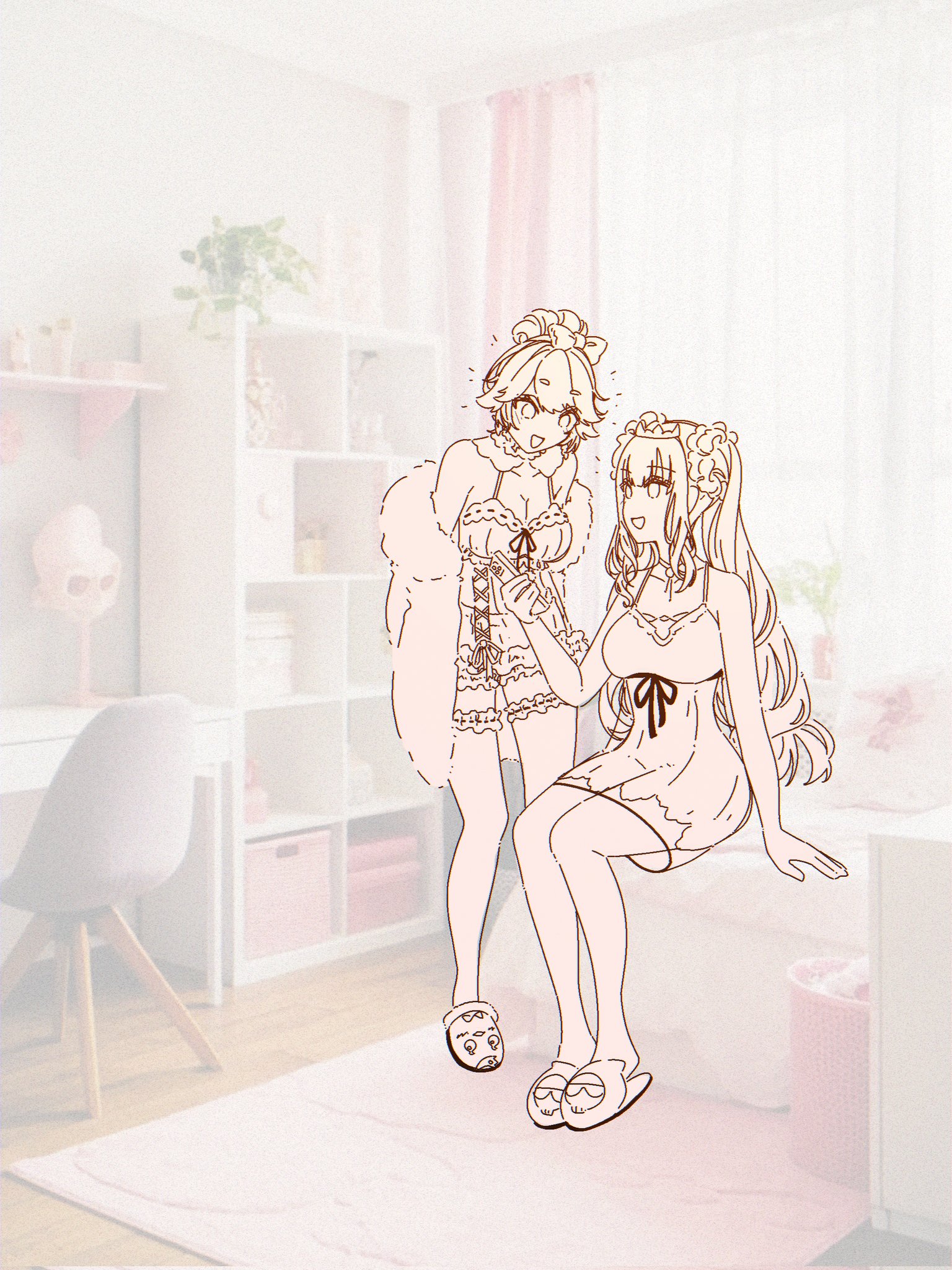 hyurisaki, mori calliope, mori calliope (sleepwear), takanashi kiara, takanashi kiara (cozy), hololive, hololive english, green highlights, hashtag-only commentary, highres, babydoll, black mask, breasts, cleavage, double strap slip, earrings, fluffy clothes, frilled babydoll, frilled shorts, frilled thighhighs, frills, fur jacket, green hair, hair bun, jacket, jewelry, lace-trimmed nightgown, large breasts, mask, mask on head, messy hair, multicolored hair, nightgown, official alternate costume, official alternate hairstyle, orange hair, purple eyes, see-through babydoll, see-through clothes, shorts, skull choker, skull collar, skull earrings, sleep mask, sleepwear, smile, strap slip, thighhighs, two-tone hair, virtual youtuber, white babydoll, white thighhighs, yuri