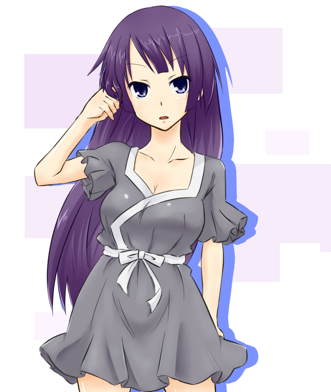 hekiru (pixiv), tetora(kari), tetora (kari), senjougahara hitagi, bakemonogatari, monogatari (series), 00s, 1girl, blue eyes, breasts, cleavage, dress, female focus, long hair, purple hair, solo