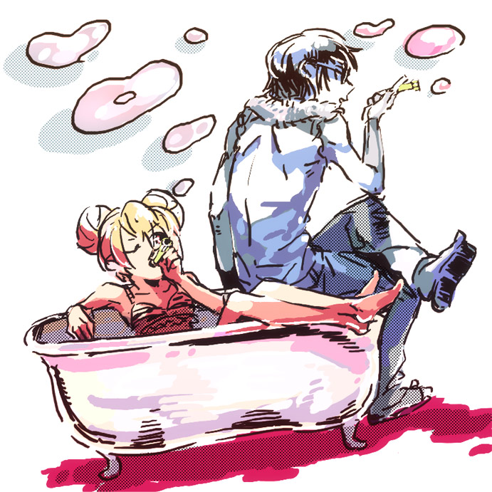 chiko (beroro), aisaka taiga, takasu ryuuji, toradora!, 00s, 1boy, 1girl, bath, bathtub, bubble, claw foot bathtub, mixed-sex bathing, shared bathing, smoking, water