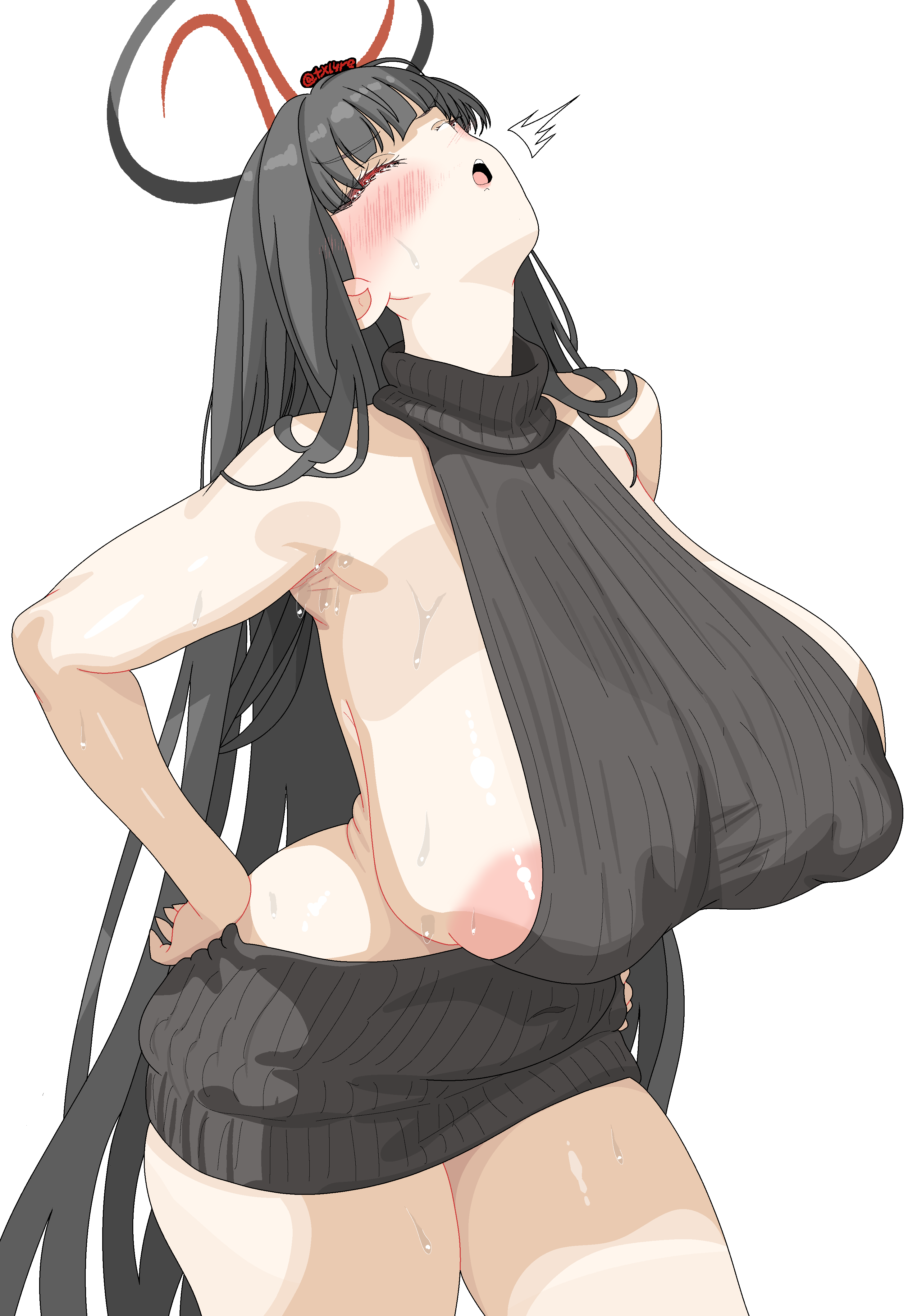 txlyre, rio (blue archive), blue archive, absurdres, highres, 1girl, areola slip, backless outfit, black hair, black sweater, breasts, closed eyes, dress, hair ornament, hairclip, halo, huge breasts, long hair, looking at viewer, millennium science school logo, moaning, naked sweater, nipples, open mouth, red eyes, sideboob, solo, sweat, sweater, turtleneck, turtleneck sweater, virgin killer sweater