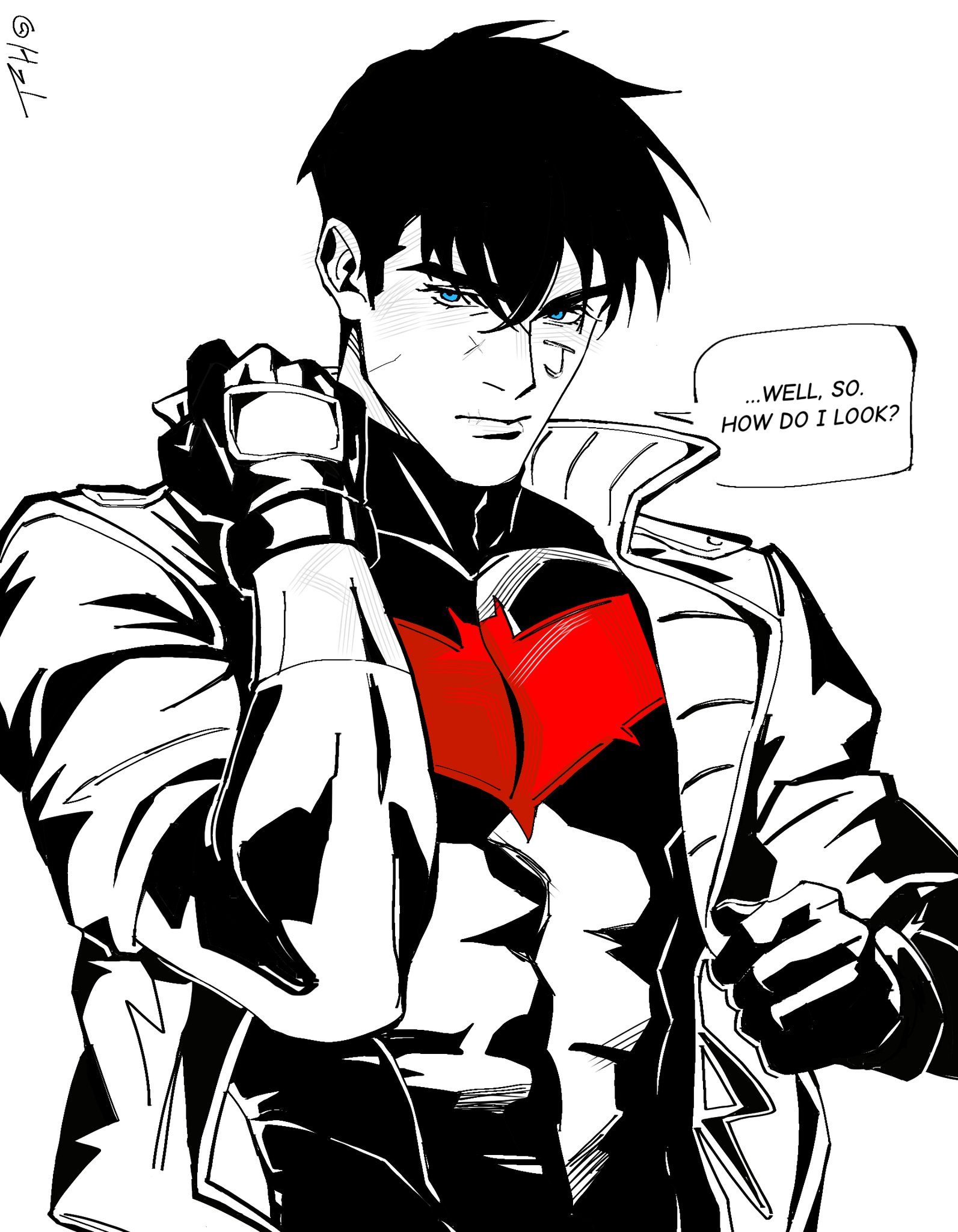 jason todd, red hood (dc), batman (series), dc comics, highres, 1boy, bat signal, batman symbol, black bodysuit, black gloves, black hair, blue eyes, bodysuit, brown jacket, gloves, grey bodysuit, jacket, male focus, multicolored bodysuit, muscular, muscular male, open clothes, red hood and the outlaws, short hair, superhero costume, taut bodysuit, two-tone bodysuit, zheyanhengzheyu