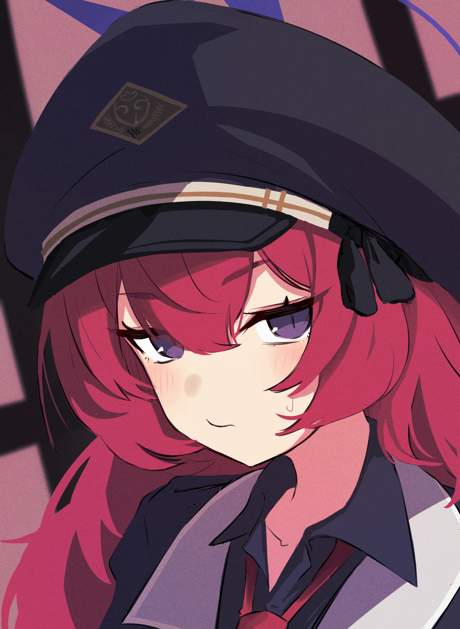 kyurosuku, iroha (blue archive), blue archive, absurdres, commentary request, highres, 1girl, black hat, black shirt, blush, closed mouth, collarbone, collared shirt, halo, hat, long hair, looking at viewer, necktie, peaked cap, portrait, purple eyes, red hair, red necktie, shirt, solo, sweat