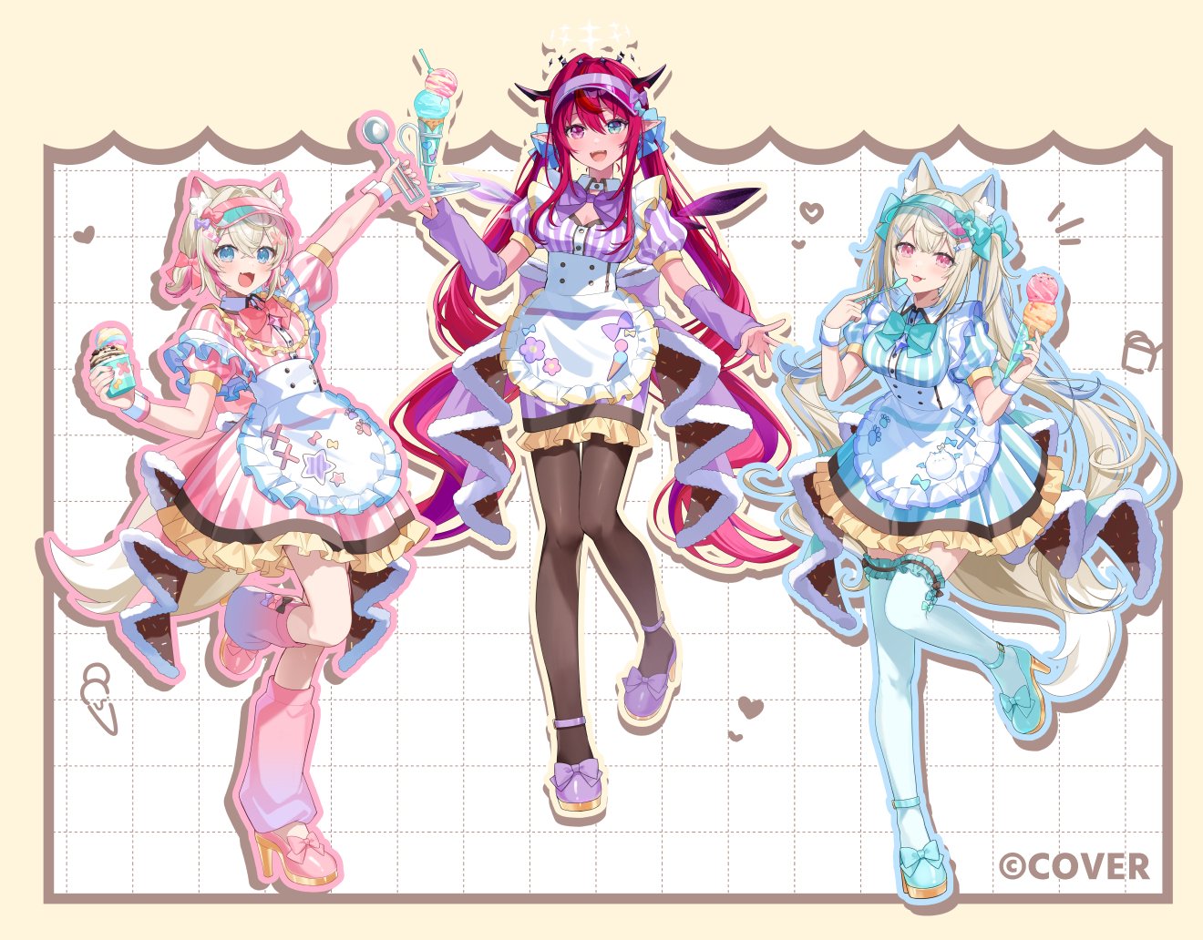 jiu (jiwoo owo9), fuwawa abyssgard, irys (hololive), mococo abyssgard, hololive, hololive english, commentary request, official art, 3girls, :d, :p, alternate costume, animal ears, apron, asymmetrical wings, bandaid, bandaid hair ornament, blonde hair, blue bow, blue bowtie, blue dress, blue eyes, blue hair, blue shoes, bow, bowtie, breasts, cleavage cutout, clothing cutout, collared dress, colored shoe soles, copyright name, crossed bangs, crystal wings, curly hair, dog ears, dog girl, dog tail, double-parted bangs, double halo, dress, footwear bow, frilled apron, frilled thigh strap, frills, full body, hair between eyes, hair intakes, hair ornament, hairclip, halo, heterochromia, high heels, holding, holding ice cream cone, holding ice cream scoop (utensil), horns, ice cream cone, ice cream scoop (utensil), leg warmers, long hair, looking at viewer, maid, medium breasts, mismatched wings, multicolored hair, multiple girls, open mouth, outline, parallel hairclips, pink bow, pink bowtie, pink dress, pink eyes, pink hair, pink leg warmers, pink shoes, pointy ears, puffy short sleeves, puffy sleeves, purple arm warmers, purple bow, purple bowtie, purple dress, purple hair, purple shoes, shoes, short dress, short hair, short sleeves, short twintails, sidelocks, smile, star-shaped pupils, star (symbol), star halo, strappy heels, streaked hair, striped clothes, striped dress, symbol-shaped pupils, tail, thigh strap, thighhighs, tongue, tongue out, twintails, vertical-striped clothes, vertical-striped dress, very long hair, virtual youtuber, visor cap, waist apron, white thighhighs, wings, wrist cuffs, x hair ornament
