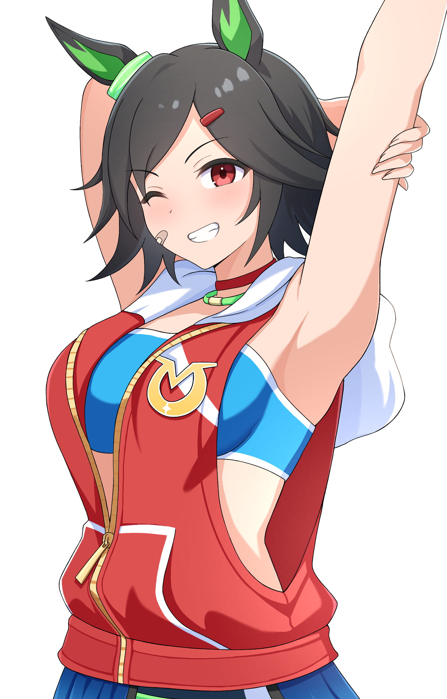 y k (user maxh5525), winning ticket (get to winning!) (umamusume), winning ticket (umamusume), umamusume, absurdres, highres, 1girl, arm up, armpits, bandeau, black hair, blue bandeau, breasts, clenched teeth, ear covers, grin, horse girl, jacket, medium breasts, one eye closed, red eyes, red jacket, short hair, simple background, smile, solo, teeth, white background, zipper
