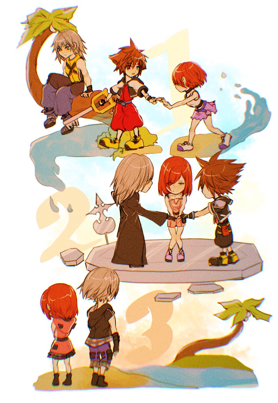 sera (serappi), kairi (kingdom hearts), riku (kingdom hearts), sora (kingdom hearts), kingdom hearts, kingdom hearts i, kingdom hearts ii, kingdom hearts iii, commentary, highres, 1girl, 2boys, age progression, black boots, black coat (kingdom hearts), black gloves, black hoodie, boots, brown eyes, dress, gloves, grey hair, holding, holding weapon, hood, hooded dress, hoodie, in tree, jacket, keyblade, medium hair, miniskirt, multiple boys, pink dress, purple skirt, red hair, red shorts, shoes, short-sleeved jacket, short dress, short hair, short sleeves, shorts, sitting, sitting in tree, skirt, toned, toned male, tree, weapon, white jacket, yellow gloves, yellow shoes