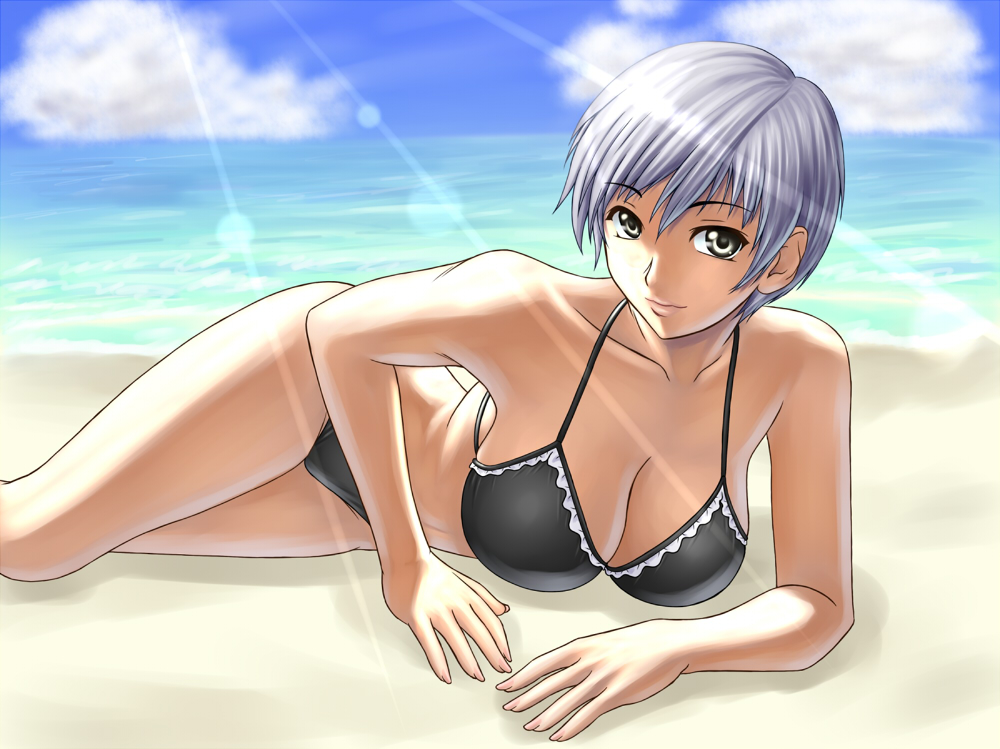 210ten, ushiromiya kyrie, umineko no naku koro ni, silver hair, 00s, 1girl, beach, bikini, black bikini, breasts, cloud, day, female focus, large breasts, lens flare, light rays, lying, on side, outdoors, short hair, solo, sunbeam, sunlight, swimsuit