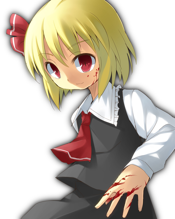 amaa (chou dennou jidai), rumia, embodiment of scarlet devil, touhou, 1girl, blonde hair, blood, female focus, gradient background, red eyes, solo, white background