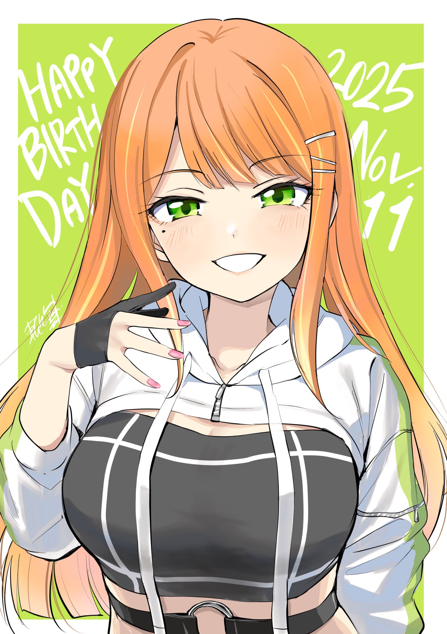 kirikirimai (kkm), shiun sumika, gakuen idolmaster, idolmaster, commentary request, highres, 1girl, belt, belt around waist, black belt, black gloves, border, breasts, crop top, dated, gloves, green background, green eyes, grin, hair ornament, hairclip, happy birthday, hooded shrug, large breasts, long hair, looking at viewer, mole, mole under eye, o-ring, o-ring belt, orange hair, outside border, partially fingerless gloves, pink nails, shrug (clothing), smile, solo, upper body, white border, white shrug