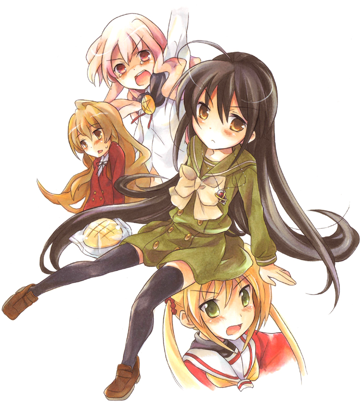 tachitsu teto, aisaka taiga, alastor (shakugan no shana), kugimiya rie, louise francoise le blanc de la valliere, sanzen'in nagi, shana, hayate no gotoku!, shakugan no shana, toradora!, zero no tsukaima, marker (medium), millipen (medium), pen (medium), traditional media, 00s, 4girls, averting eyes, black hair, bread, crossover, food, jewelry, melon bread, multiple crossover, multiple girls, pendant, pentacle, thighhighs, trait connection, tsundere, voice actor connection, white background, zettai ryouiki