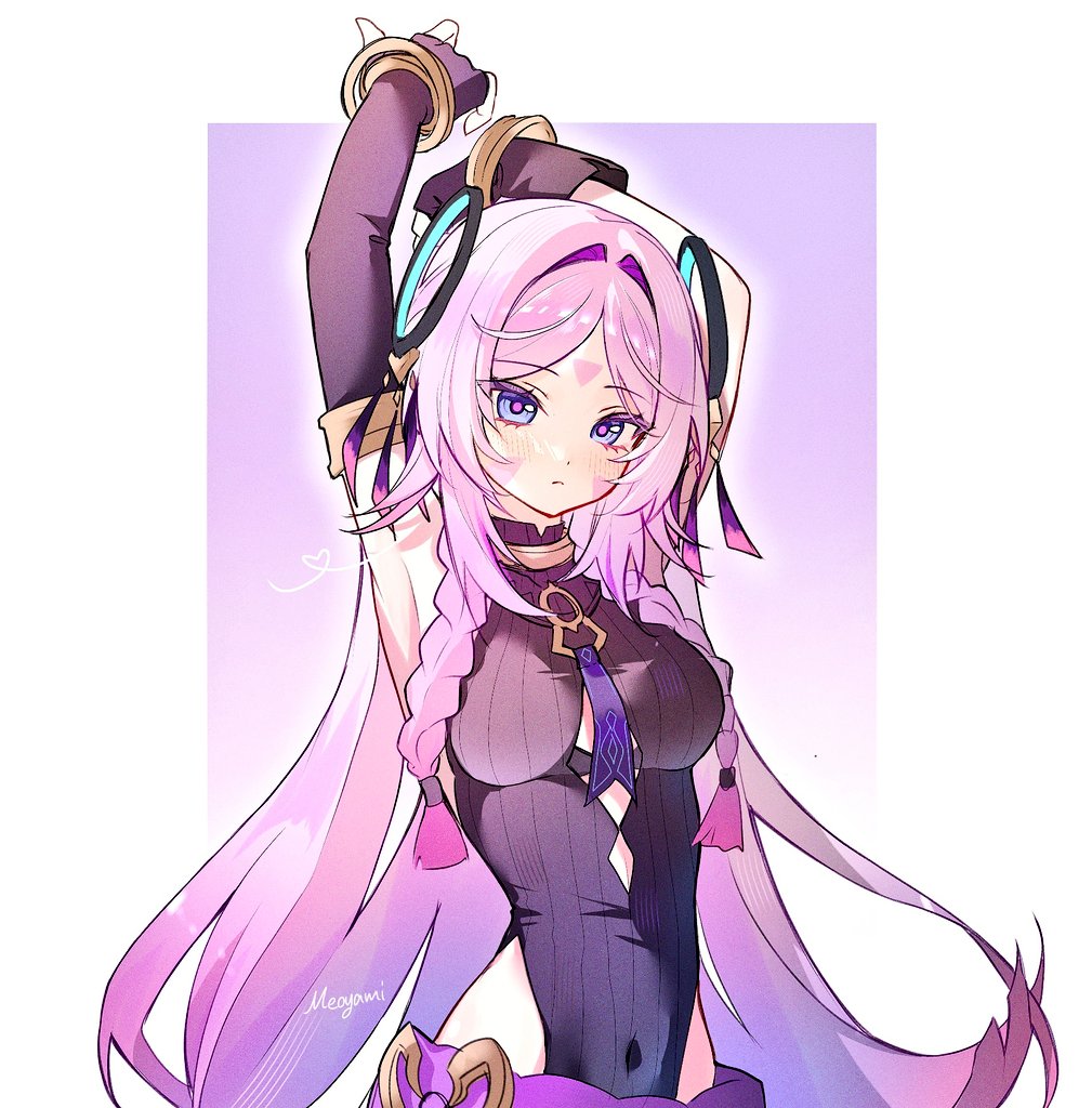citlali (genshin impact), genshin impact, hashtag-only commentary, 1girl, arms up, asymmetrical gloves, blue eyes, bracelet, braid, breasts, clothing cutout, facial mark, floating headgear, forehead mark, gloves, gradient hair, hair intakes, headgear, highleg, highleg leotard, jewelry, leotard, long hair, looking at viewer, medium breasts, meoyami, multicolored hair, parted bangs, pink hair, pink pupils, solo, triangle, triangle facial mark, twin braids, upper body
