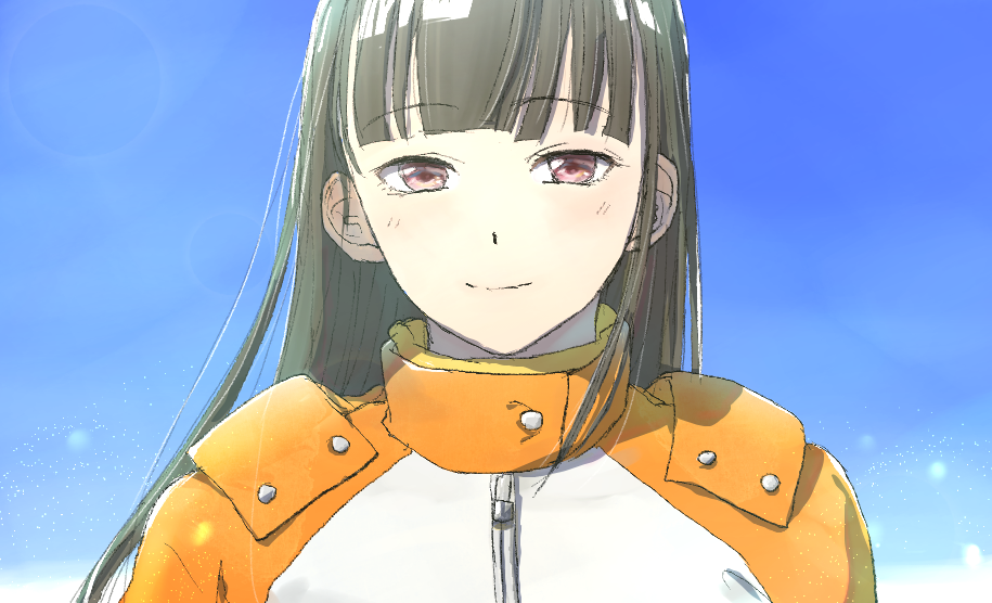 kobuchizawa shirase, sora yori mo tooi basho, commentary, 1girl, black hair, blunt bangs, day, jacket, lens flare, light particles, long hair, looking at viewer, multicolored jacket, orange jacket, outdoors, portrait, red eyes, smile, solo, two-tone jacket, white jacket, wind, winter clothes, yakan (toniinonoutaumahou)