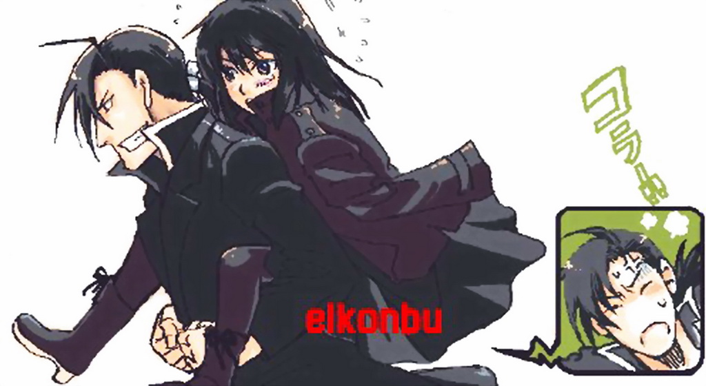 greed (fma), lan fan, ling yao, fullmetal alchemist, homunculus, 00s, 1boy, 1girl, anger vein, black hair, blush, boots, carrying, coat, grin, long hair, open mouth, overcoat, piggyback, ponytail, smile, sweatdrop