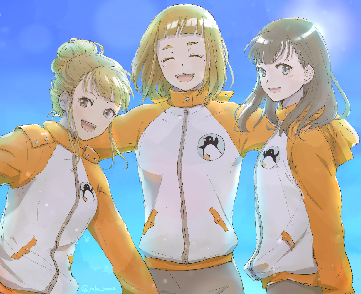 miyake hinata, shiraishi yuzuki, tamaki mari, sora yori mo tooi basho, commentary, 3girls, :d, backlighting, blue eyes, brown eyes, brown hair, closed eyes, grey hair, hood, hooded jacket, jacket, lens flare, logo, multicolored jacket, multiple girls, open mouth, orange jacket, outstretched arms, smile, standing, two-tone jacket, upper body, white jacket, winter clothes, yakan (toniinonoutaumahou)