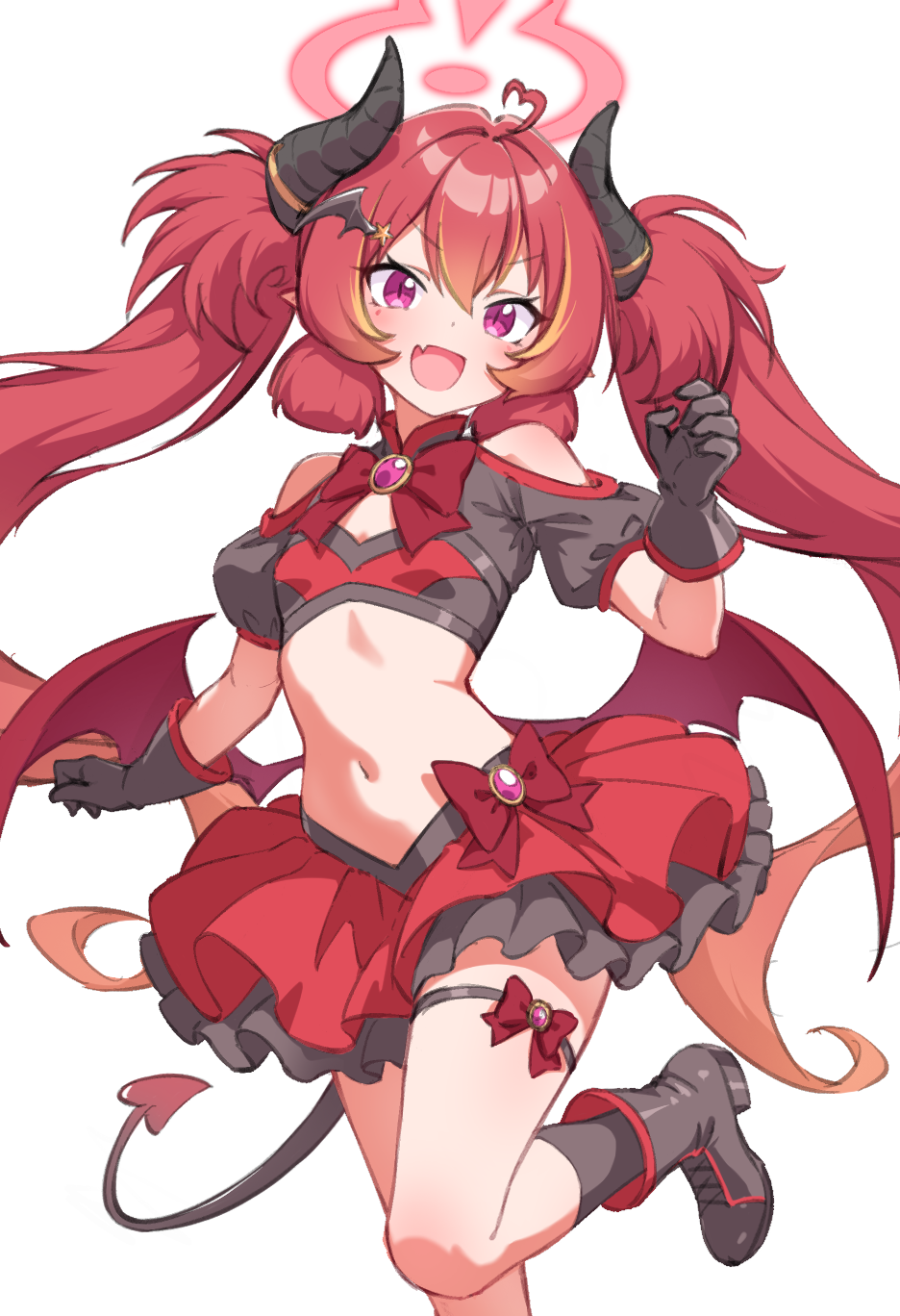 hr.r, junko (blue archive), blue archive, commentary request, highres, 1girl, :d, ahoge, alternate costume, black gloves, black horns, black shirt, black shoes, black tail, blonde hair, blush, demon tail, dot nose, double-parted bangs, fang, foot out of frame, frilled skirt, frills, gloves, gradient hair, halo, heart, heart ahoge, horns, kneehighs, long hair, looking at viewer, miniskirt, multicolored hair, neck ribbon, open mouth, purple eyes, red hair, red halo, red horns, red ribbon, red skirt, red wings, ribbon, shirt, shoes, short sleeves, simple background, skin fang, skirt, smile, socks, solo, standing, standing on one leg, stomach, tail, thigh strap, twintails, white background, wings