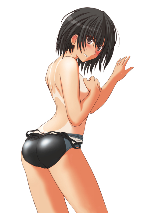 sasaki akira (ugc), nanasaki ai, amagami, 1girl, ass, back, bare back, black hair, blush, brown eyes, clothes pull, competition swimsuit, covering breasts, covering privates, cowboy shot, female focus, from side, looking back, one-piece swimsuit, one-piece swimsuit pull, one-piece tan, shiny clothes, short hair, simple background, solo, swimsuit, tan, tanline, topless female, undressing, white background