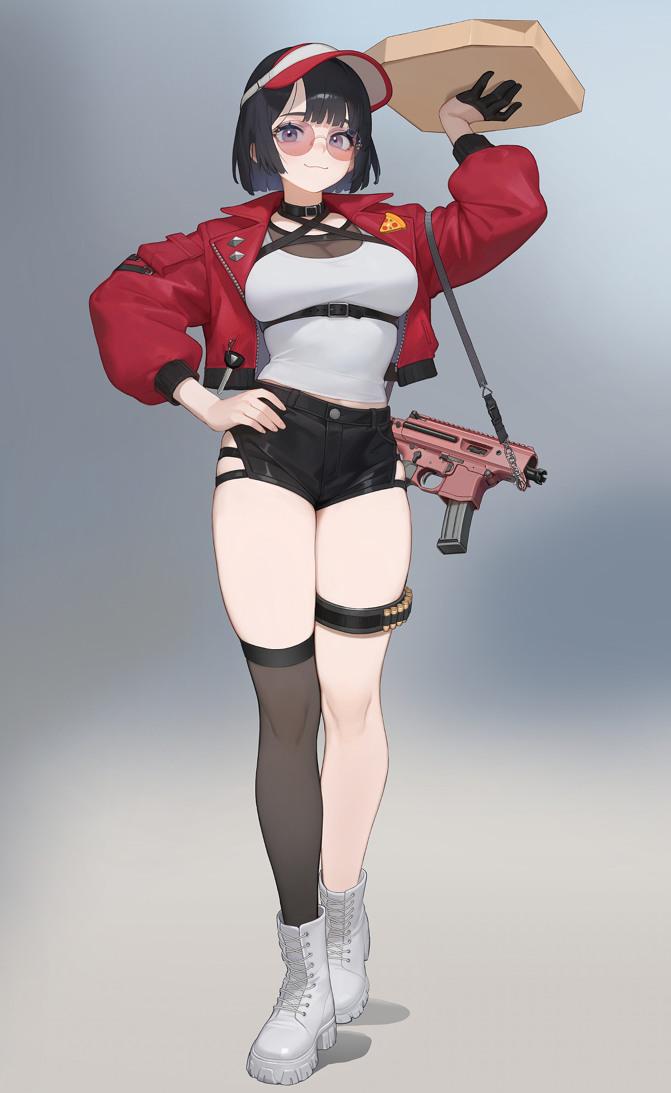 original, sig sauer, highres, 1girl, :3, black hair, black shorts, black thighhighs, boots, breasts, closed mouth, full body, gloves, grey background, gun, gun sling, half gloves, hand on own hip, jacket, jaejae, lace-up boots, large breasts, looking at viewer, open clothes, open jacket, red-tinted eyewear, red jacket, round eyewear, shirt, short hair, shorts, sig mpx, simple background, single half glove, single thighhigh, solo, standing, submachine gun, thigh strap, thighhighs, tinted eyewear, visor cap, weapon, white boots, white shirt