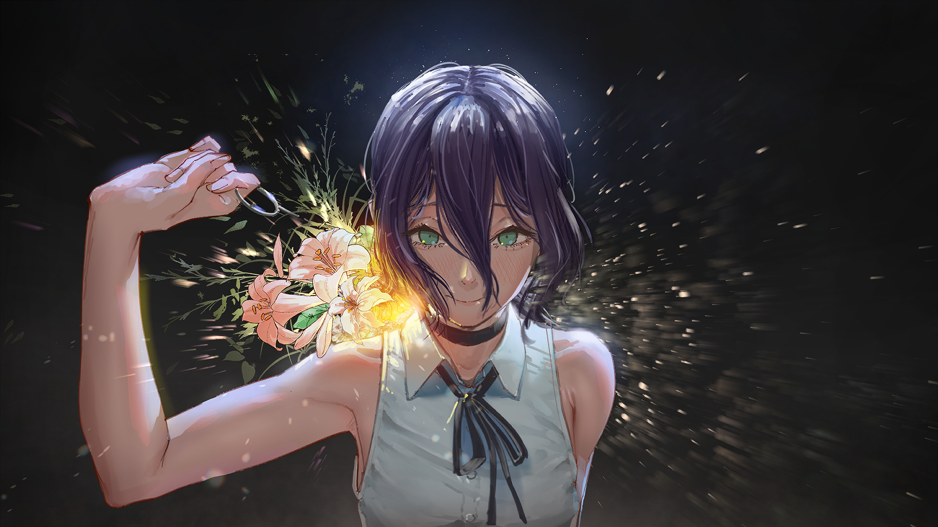 smile (qd4nsvik), reze (chainsaw man), chainsaw man, commentary request, highres, 1girl, backlighting, bare arms, bare shoulders, black choker, black ribbon, choker, collared shirt, dark background, double-parted bangs, flower, green eyes, hair between eyes, imminent explosion, leaf, light blush, light particles, long bangs, looking at viewer, pink flower, pulling, purple hair, ribbon, safety pin, shirt, short hair, simple background, sleeveless, sleeveless shirt, solo, sparks, upper body, white shirt
