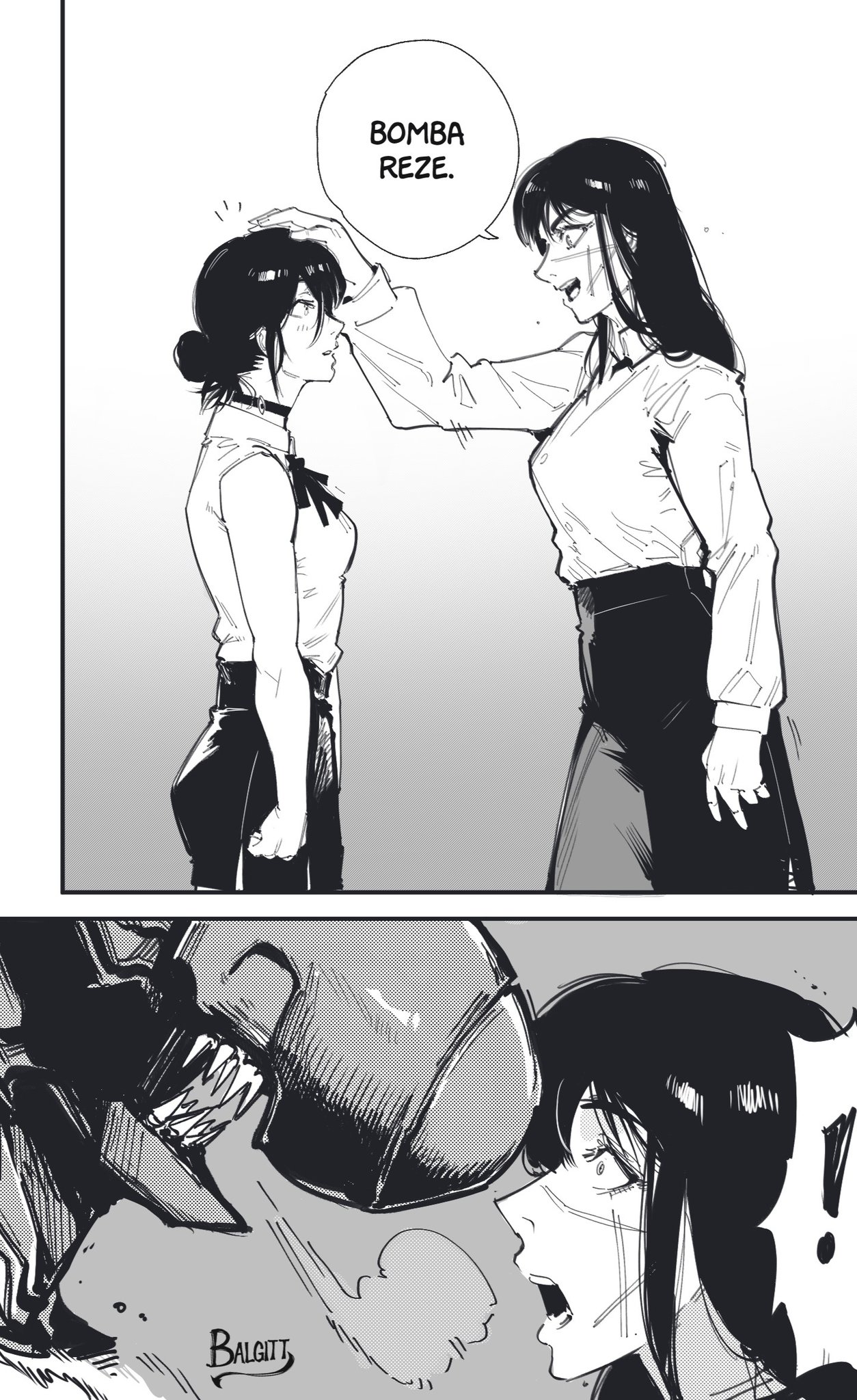 victorbalgitt, bomb devil (chainsaw man), reze (chainsaw man), yoru (chainsaw man), chainsaw man, highres, 2girls, black hair, collared shirt, cross scar, facial scar, long hair, multiple girls, open mouth, ringed eyes, scar, scar on cheek, scar on face, scar on nose, shirt, simple background, sleeveless, white shirt