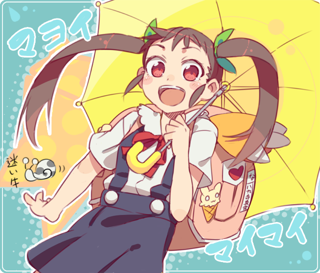 mitsuji mitsuyoshi, hachikuji mayoi, bakemonogatari, monogatari (series), 00s, 1girl, backpack, bag, black hair, blush stickers, brown hair, female focus, hair ribbon, halftone, halftone background, open mouth, randoseru, red eyes, ribbon, school uniform, skirt, smile, snail, solo, suspender skirt, suspenders, twintails, umbrella