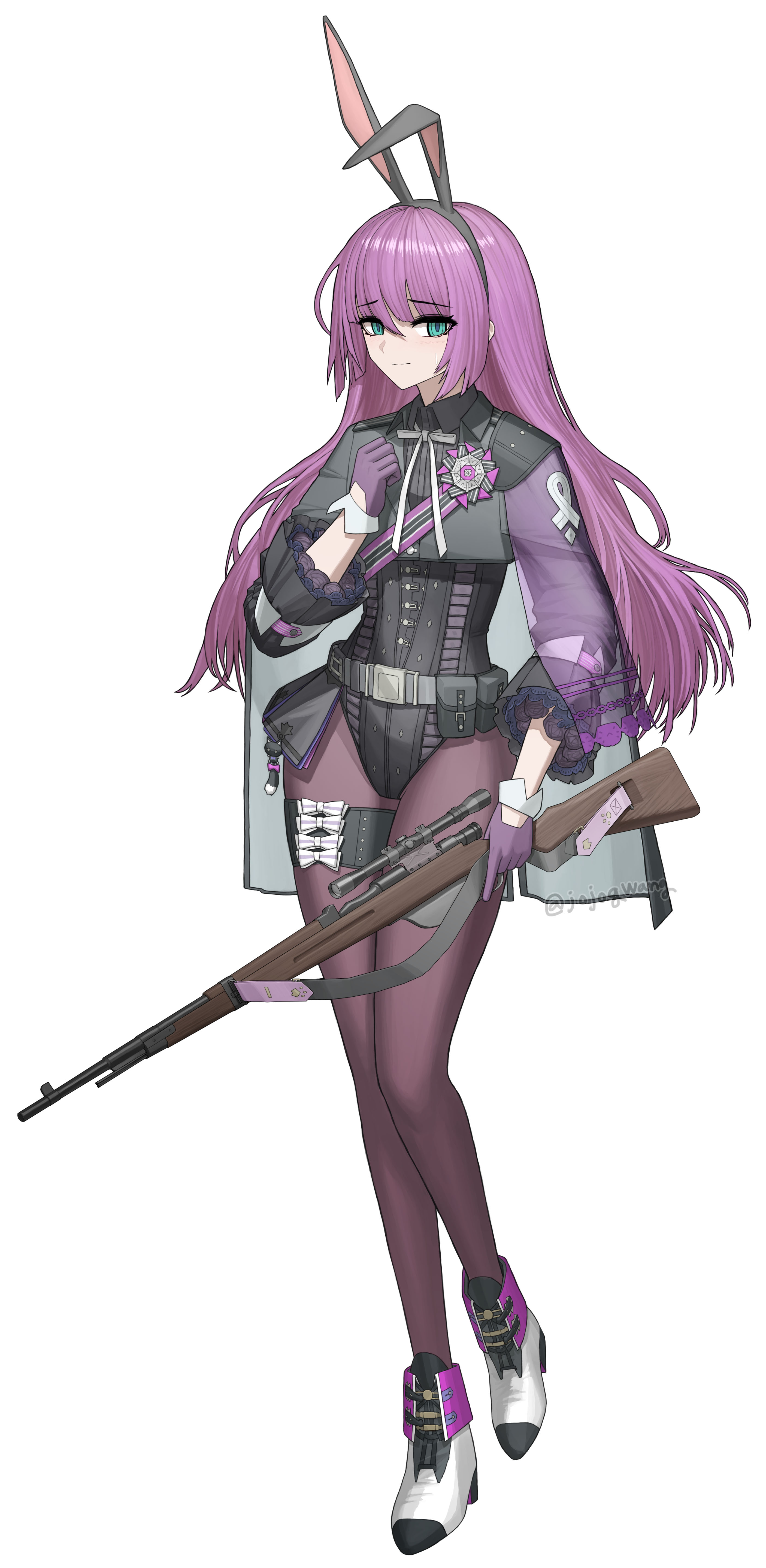 cheogtanbyeong, carcano m91/38 (girls' frontline), girls' frontline, absurdres, commentary request, highres, korean commentary, 1girl, animal ears, aqua eyes, boots, fake animal ears, frilled sleeves, frills, gloves, high heel boots, high heels, jacket, leotard, long hair, looking at viewer, purple gloves, purple hair, purple thighhighs, rabbit ears, solo, standing, thigh strap, thighhighs, very long hair, white background