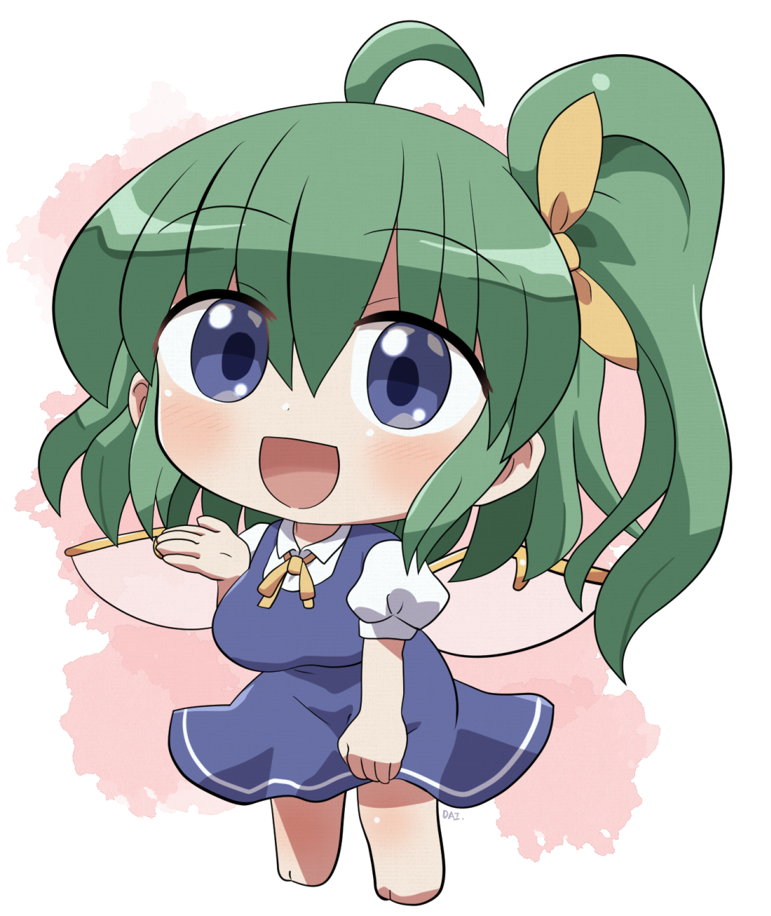 rokugou daisuke, daiyousei, touhou, commentary request, highres, 1girl, :d, ahoge, barefoot, blue dress, blue eyes, blush, breasts, chibi, chibi only, collared shirt, dress, fairy wings, full body, green hair, hair between eyes, hair ribbon, looking at viewer, neck ribbon, open mouth, pinafore dress, ribbon, shirt, short sleeves, side ponytail, signature, sleeveless, sleeveless dress, smile, solo, standing, white shirt, wings, yellow ribbon