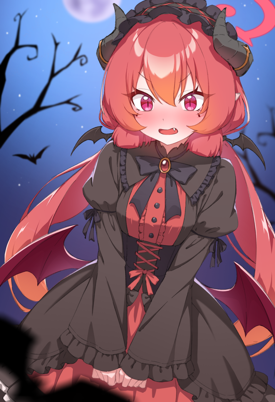 hr.r, junko (blue archive), blue archive, commentary request, highres, 1girl, alternate costume, black dress, black hairband, black horns, black ribbon, blurry, blush, breasts, cowboy shot, dot nose, dress, fang, feet out of frame, flustered, frilled sleeves, frills, gradient hair, hairband, halo, horns, juliet sleeves, long hair, long sleeves, looking at viewer, low twintails, moon, multicolored hair, neck ribbon, night, open mouth, outdoors, pink eyes, puffy sleeves, red eyes, red hair, red halo, red ribbon, red wings, ribbon, sleeves past wrists, small breasts, solo, twintails, wings