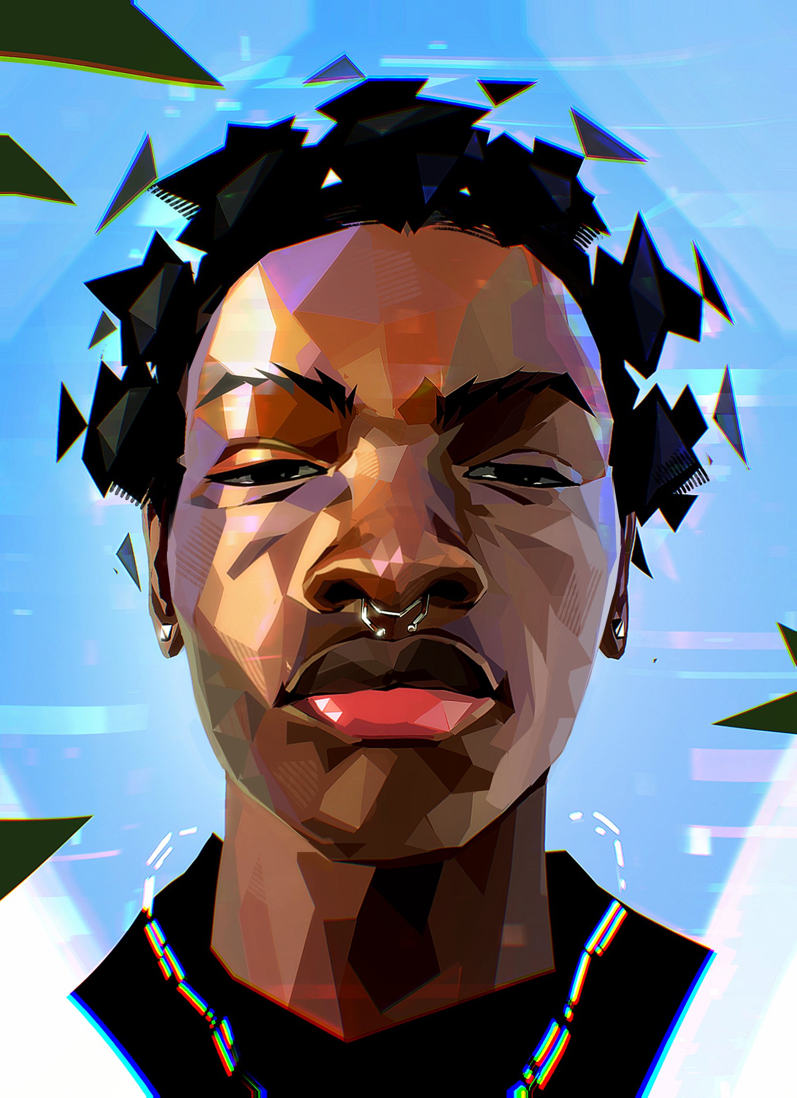 easterhands, real life, commentary, english commentary, highres, 1boy, black eyes, black hair, black shirt, black skin, blue background, colored skin, ear piercing, face piercing, looking at viewer, nose piercing, nose ring, piercing, realistic, shirt