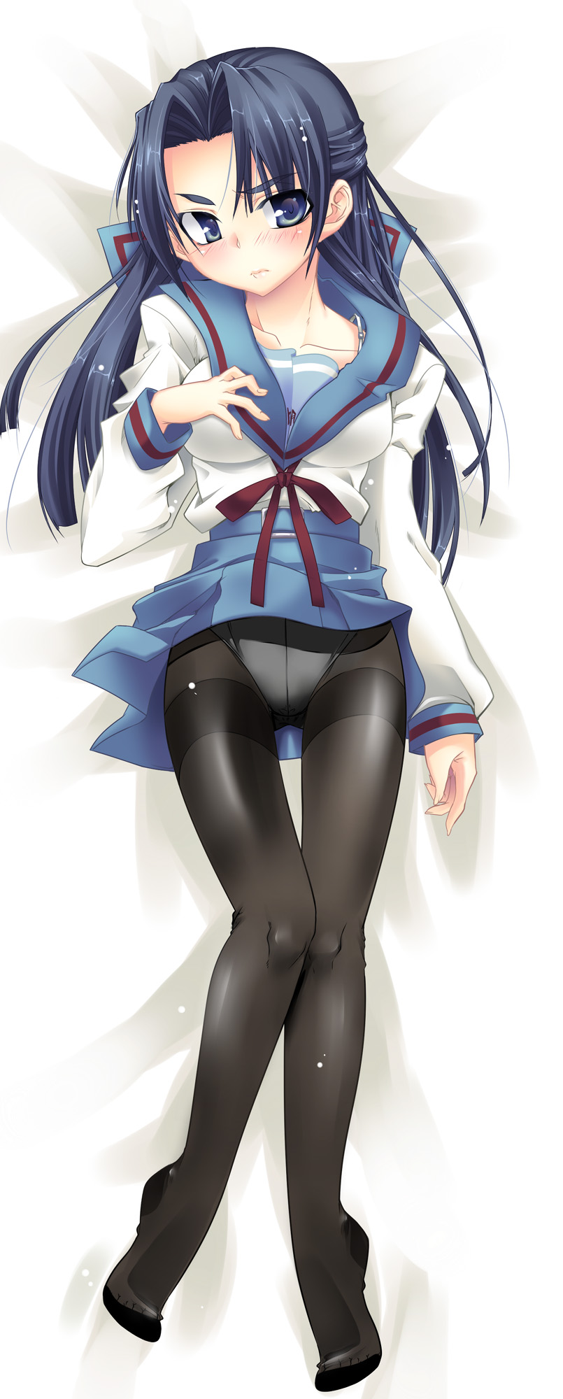 tougeya honpo, zumo8 (pixiv11960), asakura ryoko, suzumiya haruhi no yuuutsu, highres, 00s, 1girl, blue eyes, blue hair, crotch seam, dakimakura (medium), female focus, full body, long hair, lying, matching hair/eyes, panties, panties under pantyhose, pantyhose, school uniform, serafuku, solo, thighband pantyhose, underwear