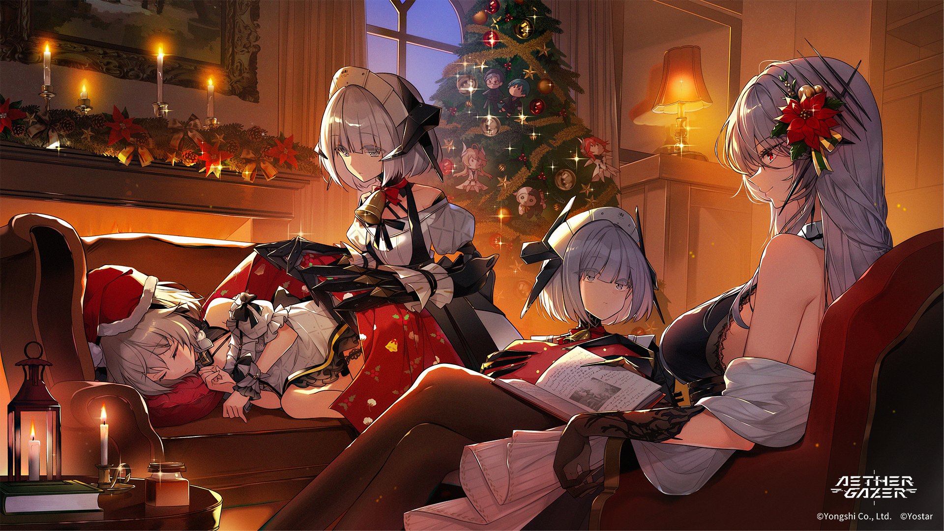 yukiko (tesseract), oneiroi (aether gazer), aether gazer, character request, highres, 4girls, bell, blanket, book, breasts, candle, christmas ornaments, christmas tree, closed eyes, closed mouth, copyright name, copyright notice, couch, flower, fur-trimmed headwear, fur trim, gloves, grey eyes, grey hair, hair flower, hair ornament, hat, holding, holding book, lamp, long hair, maid, multiple girls, neck bell, on couch, open book, painting (object), pantyhose, pinecone, red eyes, red flower, red hat, santa hat, short hair, sitting