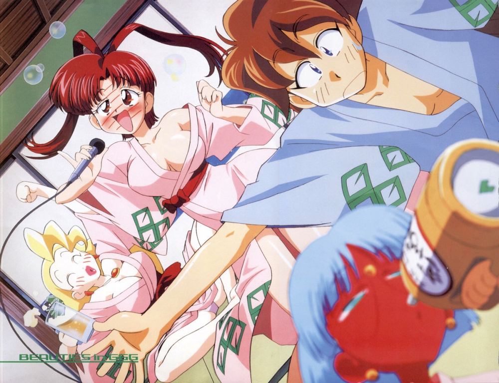 kimura takahiro, papillon noir, shishiou gai, swan white, utsugi mikoto, yuusha ou gaogaigar, yuusha series, 1990s (style), 1boy, 3girls, ^ ^, antenna hair, blonde hair, blue hair, blush, breasts, brown hair, cleavage, closed eyes, dark skin, drunk, dutch angle, full-face blush, glasses, happy, indoors, japanese clothes, karaoke, kimono, lipstick, makeup, multiple girls, red hair, smile, tatami