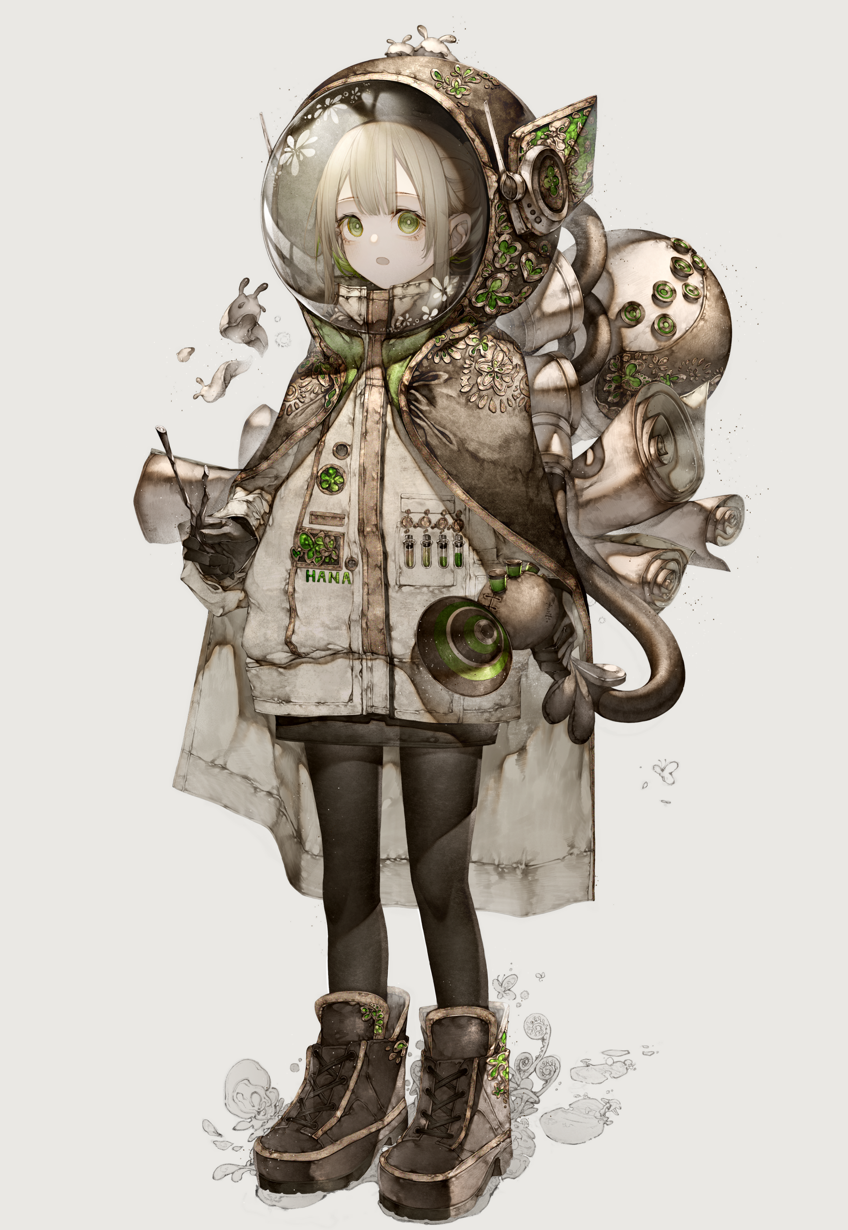 hito komoru, original, absurdres, commentary, highres, 1girl, :o, black gloves, blonde hair, boots, english text, gloves, green eyes, hair between eyes, helmet, holding, jacket, jewelry, looking at viewer, open mouth, pantyhose, platform shoes, science fiction, scroll, shoelaces, shoes, simple background, slug, solo, space helmet, test tube