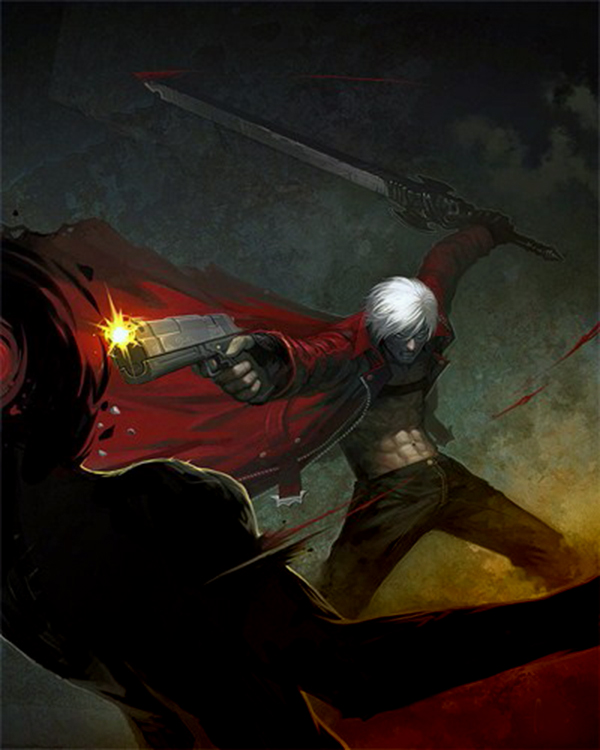 robert kim, udon entertainment, dante, rebellion (sword), capcom, devil may cry, devil may cry (series), devil may cry 3, blood, ebony & ivory, gun, manly, sword, weapon, white hair