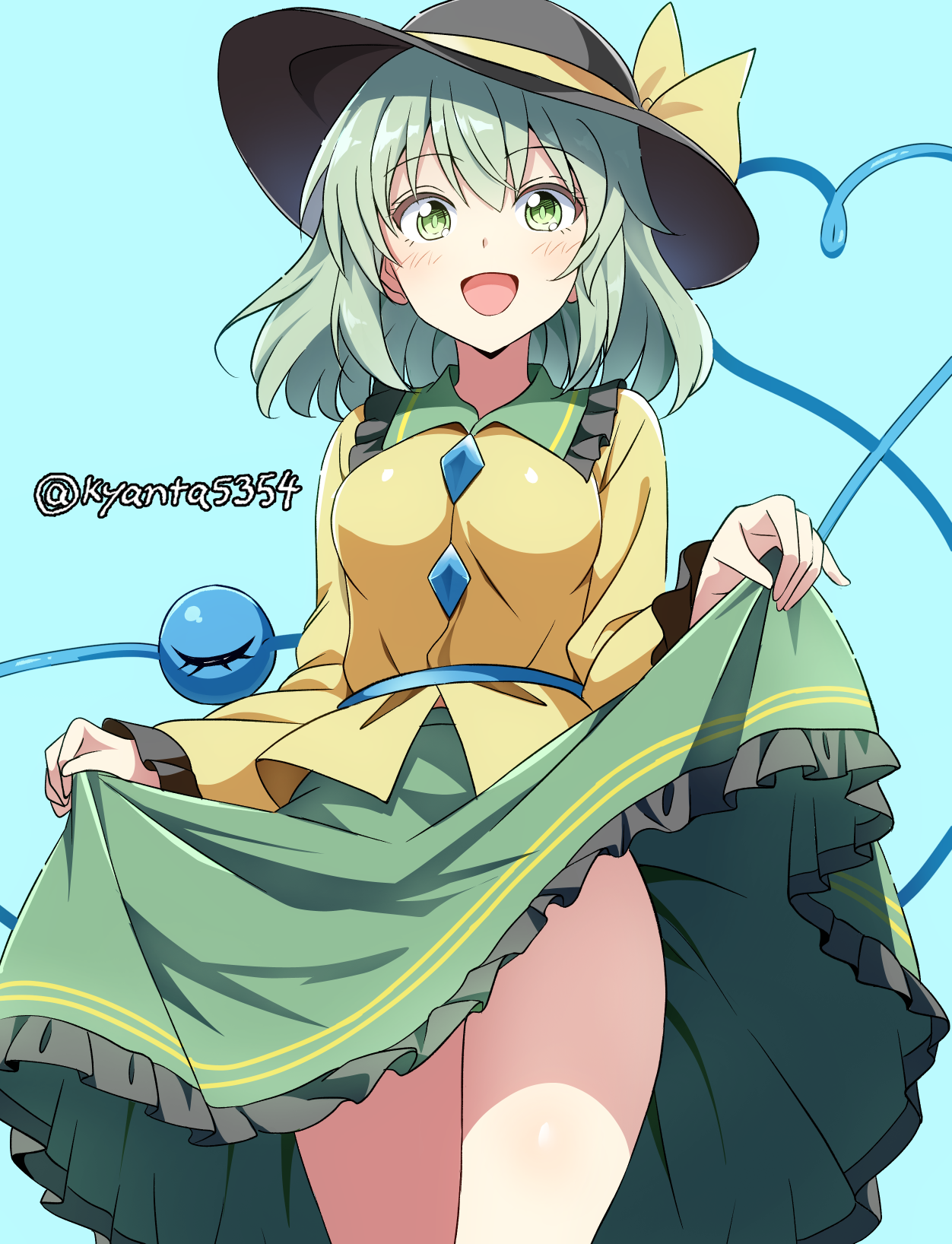 kyanta5354, komeiji koishi, touhou, commentary request, highres, 1girl, black hat, blue background, blush, bow, breasts, buttons, diamond button, eyeball, frilled shirt collar, frilled sleeves, frills, green eyes, green hair, green skirt, hat, hat bow, hat ribbon, heart, heart of string, long sleeves, looking at viewer, medium breasts, open mouth, ribbon, shirt, short hair, skirt, smile, solo, third eye, twitter username, wide sleeves, yellow bow, yellow ribbon, yellow shirt