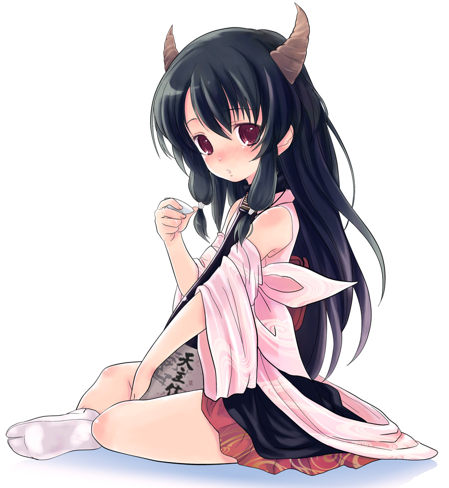 mikazukimo, naga (staygarden), ryuujin naga, bad id, bad pixiv id, 1girl, alcohol, black hair, blush, cup, detached sleeves, female focus, horns, japanese clothes, long hair, red eyes, sake, sitting, socks, solo, tabi