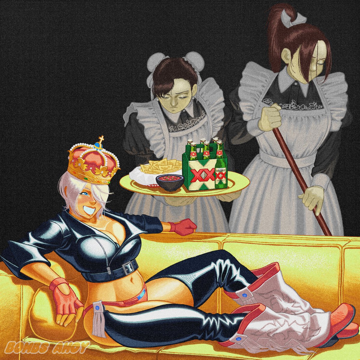 bombsahoy, angel (kof), chun-li, shiranui mai, capcom, fatal fury, snk, street fighter, the king of fighters, the king of fighters xiv, commentary, english commentary, highres, backless pants, blue eyes, boots, bra, breasts, chaps, cleavage, cowboy boots, crop top, cropped jacket, fingerless gloves, gloves, hair over one eye, jacket, large breasts, leather, leather jacket, midriff, navel, panties, pants, short hair, smile, strapless, strapless bra, toned, toned female, underwear, white hair