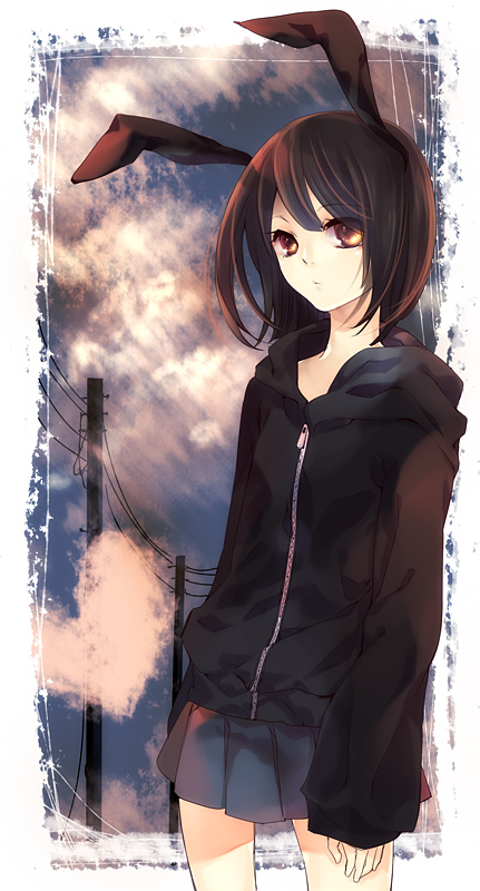 retei, original, bad id, bad pixiv id, 1girl, animal ears, black eyes, black hair, brown eyes, brown hair, cloud, female focus, hood, hooded jacket, hoodie, jacket, jersey, looking at viewer, orange eyes, rabbit ears, short hair, skirt, sky, solo, zipper