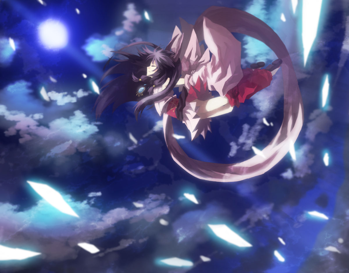 9ji, 9ji (8giri), naga (staygarden), ryuujin naga, bad id, bad pixiv id, cloud, falling, horns, long hair, moon, night, purple hair, skirt, sky, solo