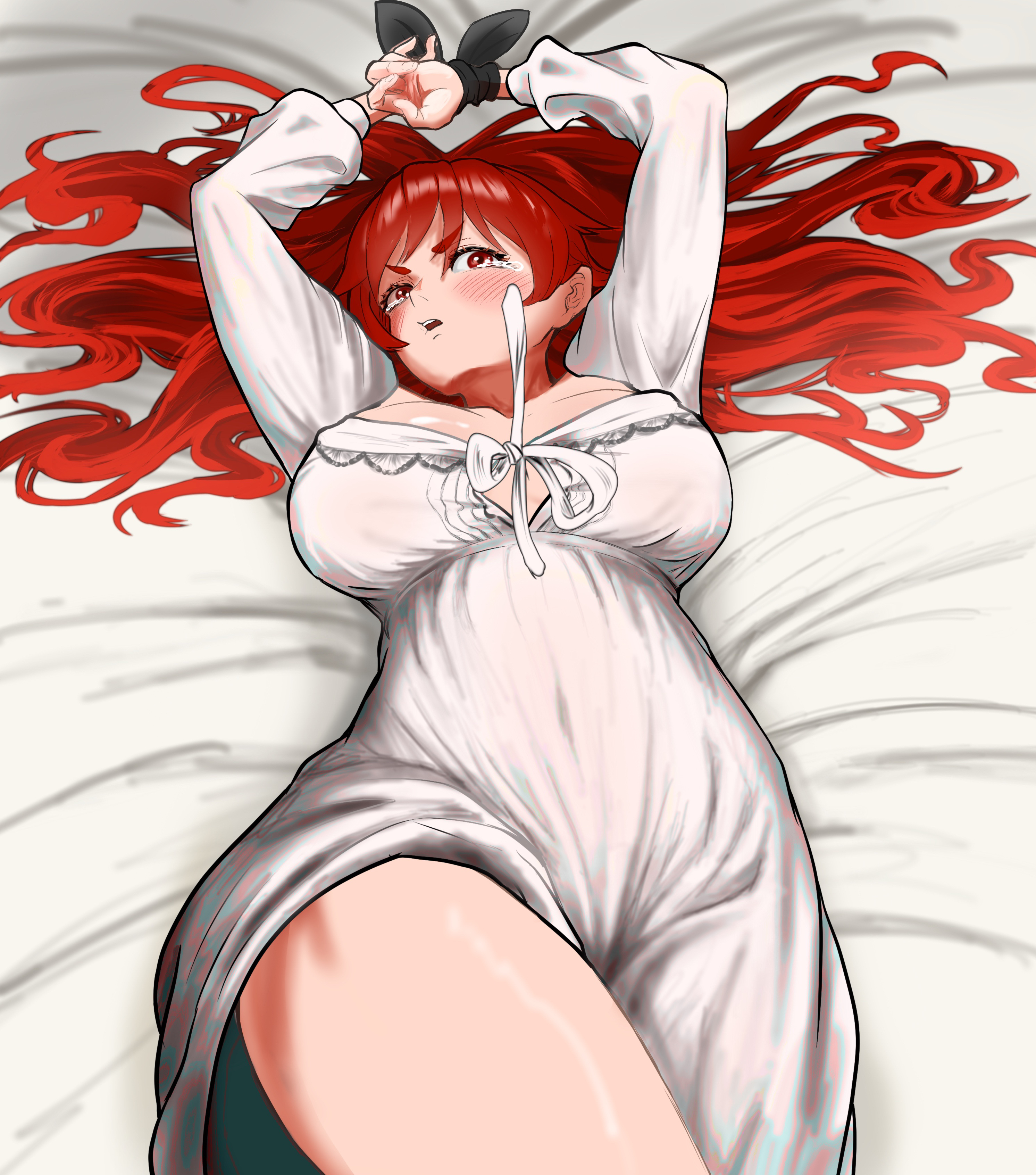 eris greyrat, mushoku tensei, absurdres, commentary, highres, 1girl, arms up, blush, bound, bound wrists, breasts, breasts apart, covered navel, large breasts, long hair, long sleeves, looking at viewer, lying, mine., nightgown, official alternate costume, on back, parted lips, red eyes, red hair, solo, tearing up, thighs, v-shaped eyebrows, white nightgown