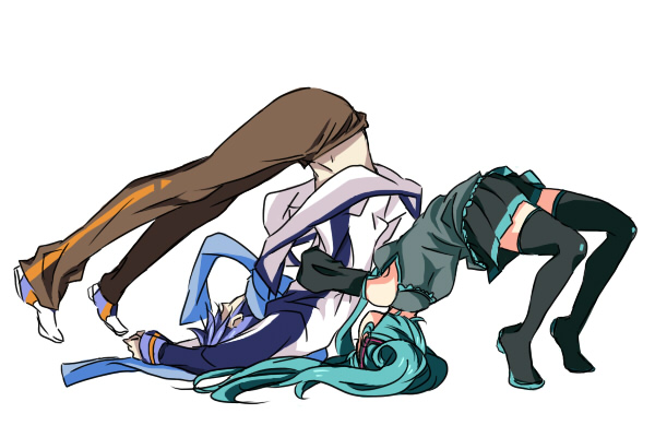 asaki (pixiv32096), hatsune miku, kaito (vocaloid), vocaloid, 1boy, 1girl, aqua hair, blue hair, detached sleeves, german suplex, legs over head, long hair, necktie, simple background, skirt, suplex, thighhighs, twintails, very long hair, zettai ryouiki