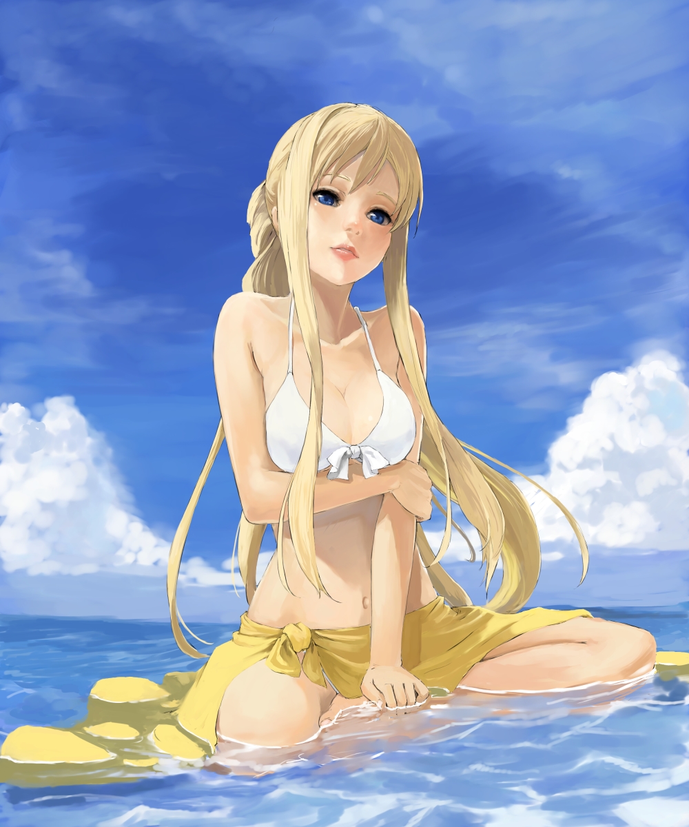kuroko (piii), alicia florence, aria (manga), highres, 00s, 1girl, arm support, bare shoulders, barefoot, bikini, blonde hair, blue eyes, breasts, cleavage, cloud, day, female focus, front-tie top, hands on feet, kneeling, large breasts, lips, long hair, navel, ocean, outdoors, partially submerged, sarong, sitting, sky, solo, swimsuit, water, white bikini