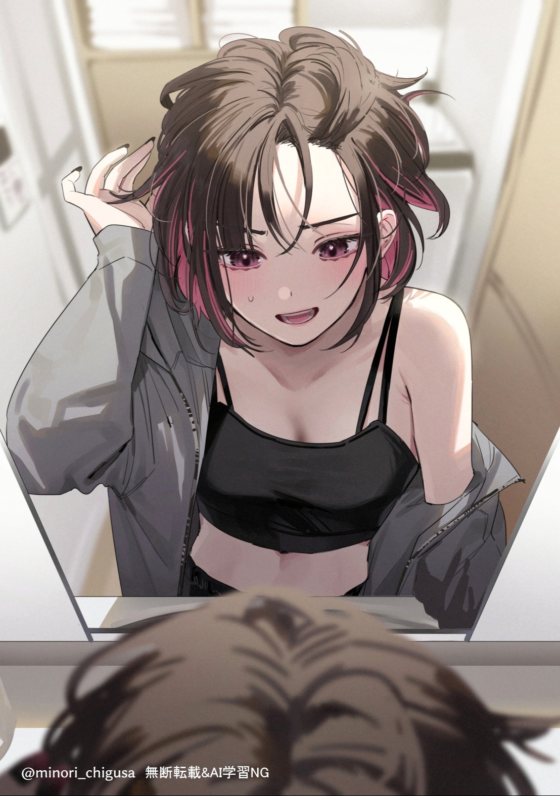 chigusa minori, shirayuki ren, shino to ren, commentary request, highres, 1girl, black camisole, black hair, black nails, blush, bra strap, breasts, camisole, cleavage, collarbone, colored inner hair, grey jacket, jacket, medium breasts, midriff, mirror, multicolored hair, nail polish, open clothes, open jacket, open mouth, pink hair, short hair, sleeves past wrists, solo, spaghetti strap, sweatdrop, teeth
