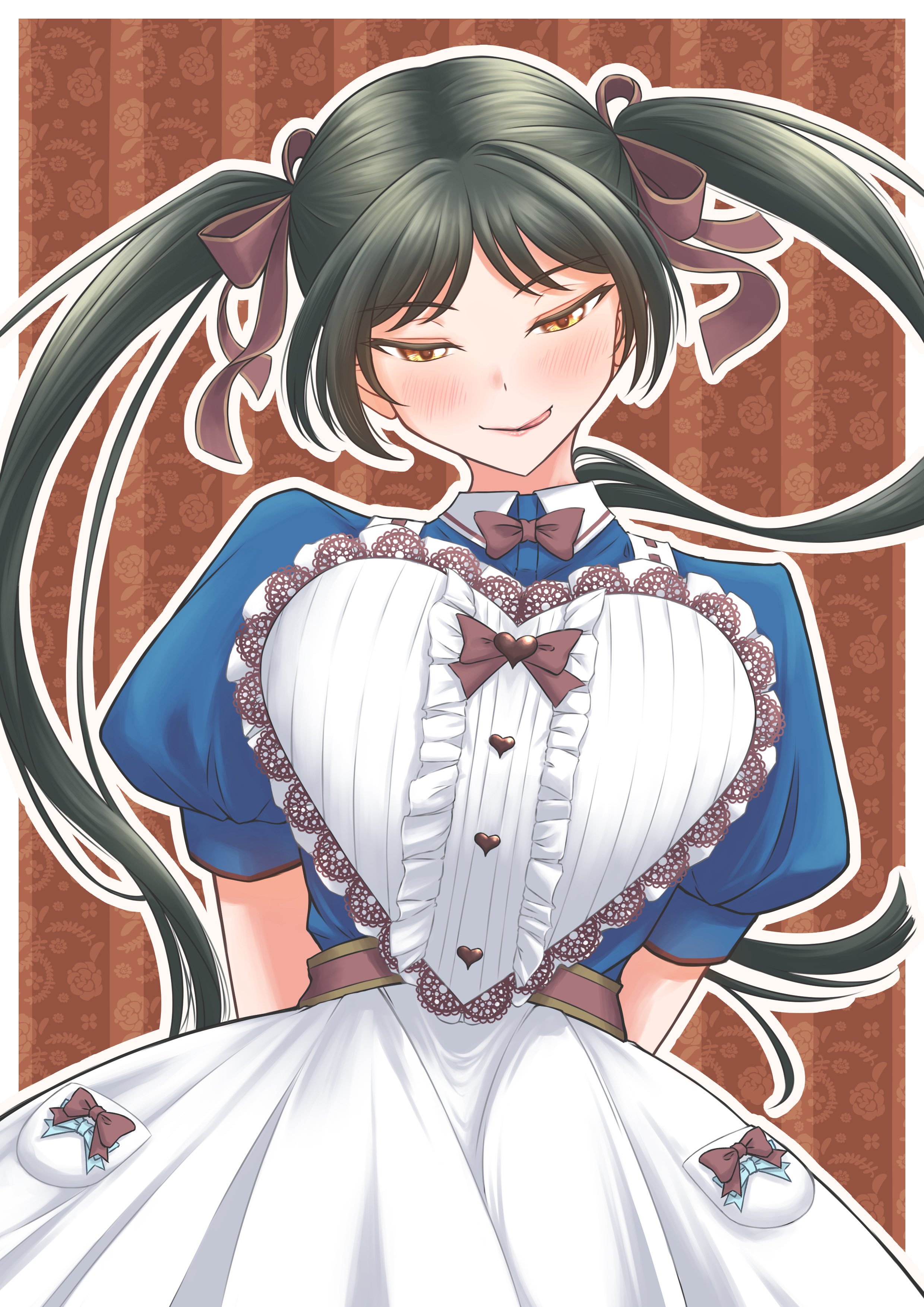 uduki fuji, hazuki ren, love live!, love live! superstar!!, absurdres, commentary request, highres, 1girl, :q, apron, arms behind back, black hair, blue shirt, blush, bow, bowtie, collared shirt, floral background, frilled apron, frills, hair bow, half-closed eyes, heart, lips, long hair, multiple hair bows, orange background, orange eyes, puffy short sleeves, puffy sleeves, shirt, short sleeves, smile, solo, straight-on, striped background, tongue, tongue out, twintails, upper body, vertical-striped background, white apron