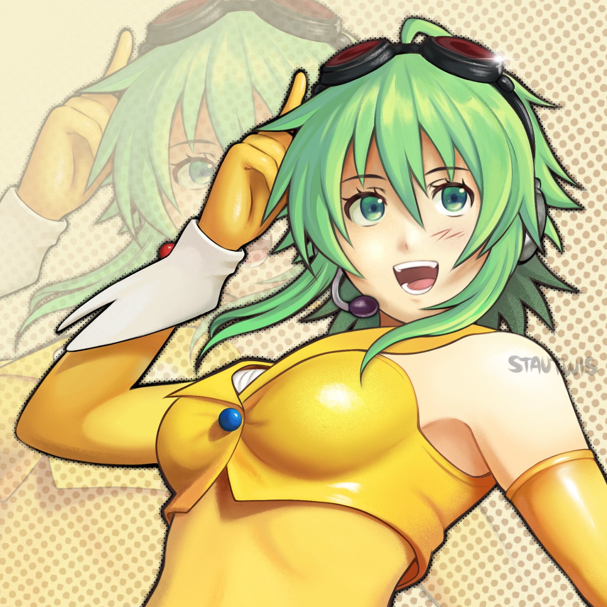 gumi, vocaloid, commentary, english commentary, highres, photo-referenced, 1girl, :d, arm up, bare shoulders, black-framed eyewear, breasts, cropped vest, elbow gloves, gloves, goggles, goggles on head, green eyes, green hair, hair between eyes, halftone, halftone background, headset, looking at viewer, medium breasts, open mouth, orange gloves, projected inset, red-tinted eyewear, short hair, skin tight, sleeveless vest, smile, solo, sparkle, stautwis, tinted eyewear, vest, white wrist cuffs, wrist cuffs