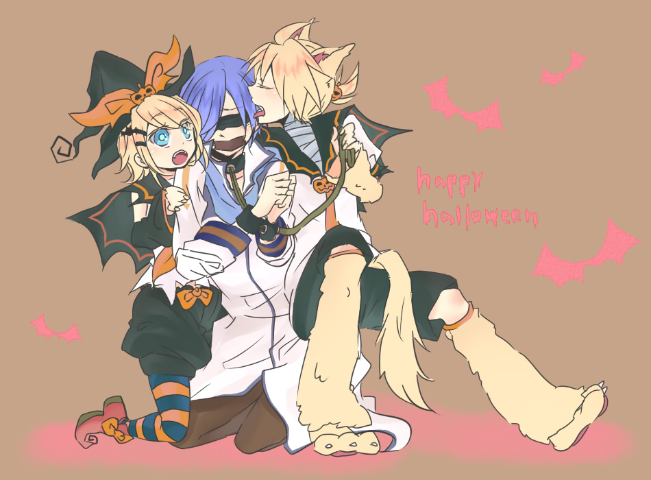 asaki (pixiv32096), kagamine len, kagamine rin, kaito (vocaloid), vocaloid, 1girl, 2boys, animal ears, bdsm, blindfold, blonde hair, blue eyes, blue hair, blue pantyhose, bondage, bound, collar, cuffs, hair ornament, hairclip, halloween, handcuffs, hat, licking, multiple boys, orange pantyhose, pantyhose, pantyhose under shorts, restrained, short hair, shorts, siblings, striped clothes, striped pantyhose, tail, twins, witch hat