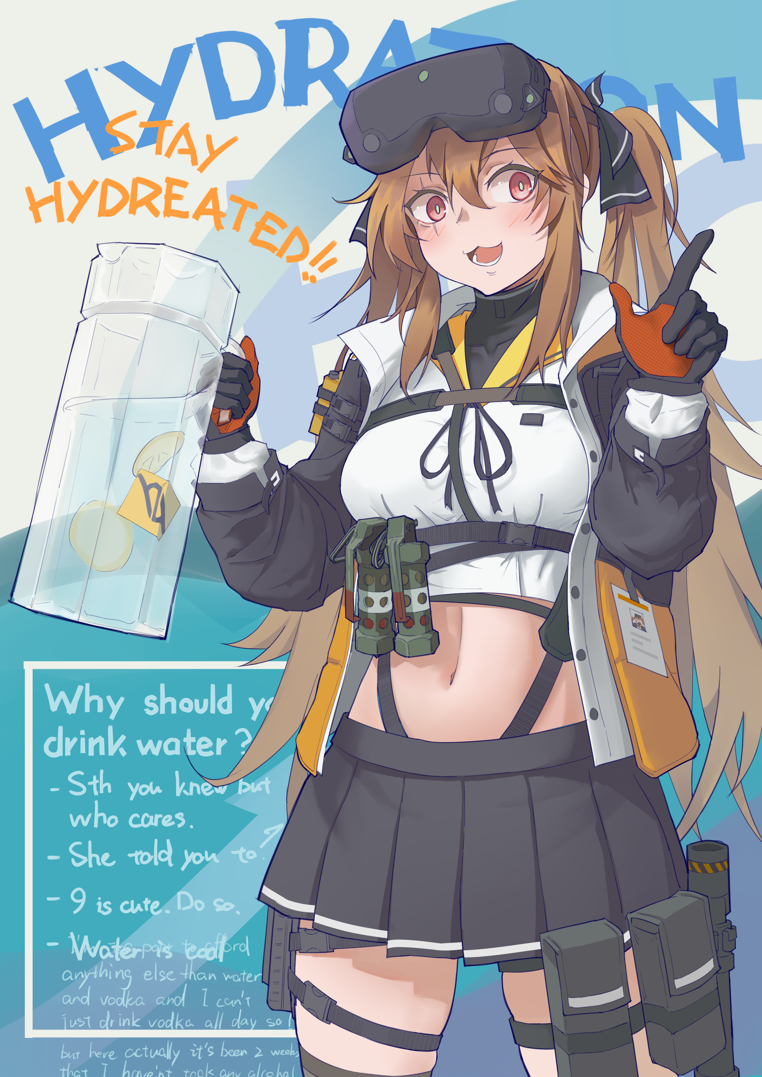 kto znaet, ump9 (girls' frontline), ump9 (mod3) (girls' frontline), girls' frontline, absurdres, commentary, english commentary, highres, 1girl, 404 logo (girls' frontline), :3, black gloves, black skirt, blush, brown hair, english text, flashbang, food, fruit, gloves, green pupils, head-mounted display, holding, id card, lemon, lemon slice, lower teeth only, midriff, navel, open mouth, pleated skirt, pouch, red eyes, red gloves, scar, scar across eye, scar on face, skirt, solo, teeth, twintails, two-tone gloves