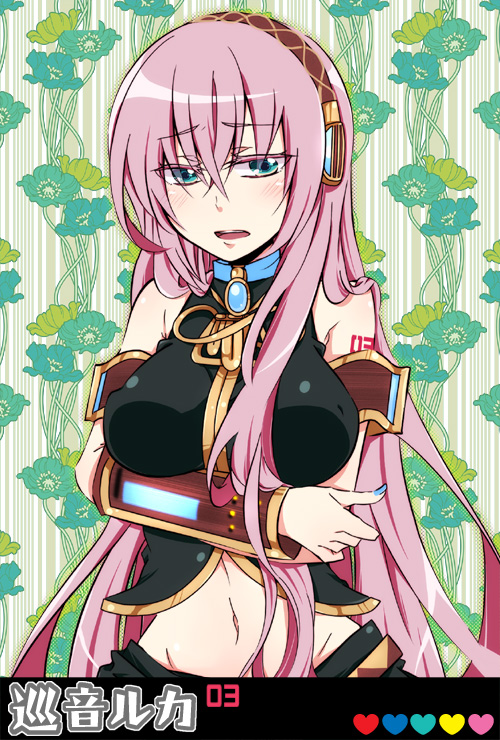 asaki (pixiv32096), megurine luka, vocaloid, 1girl, aqua eyes, blue nails, blush, breasts, female focus, headphones, large breasts, long hair, midriff, nail polish, navel, pink hair, solo